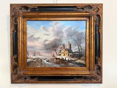 Dutch Winter Landscape with Figures and Church Oil on Board Signed Van Peeters