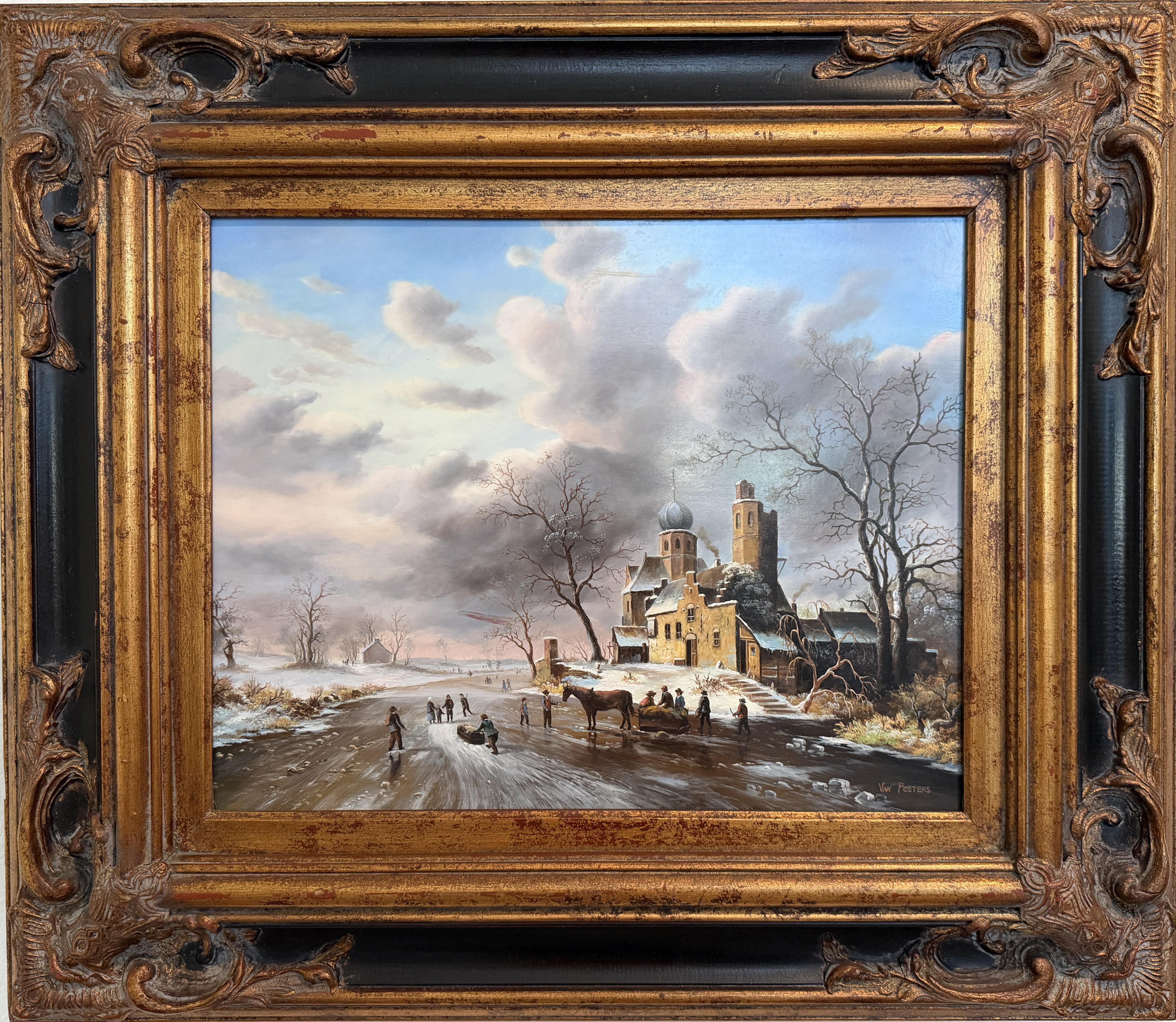 This finely painted oil on board depicts a classic Dutch winter landscape with villagers gathered along a frozen roadway and waterway, set before a historic church and clustered buildings. Figures skate and walk across the icy surface, while