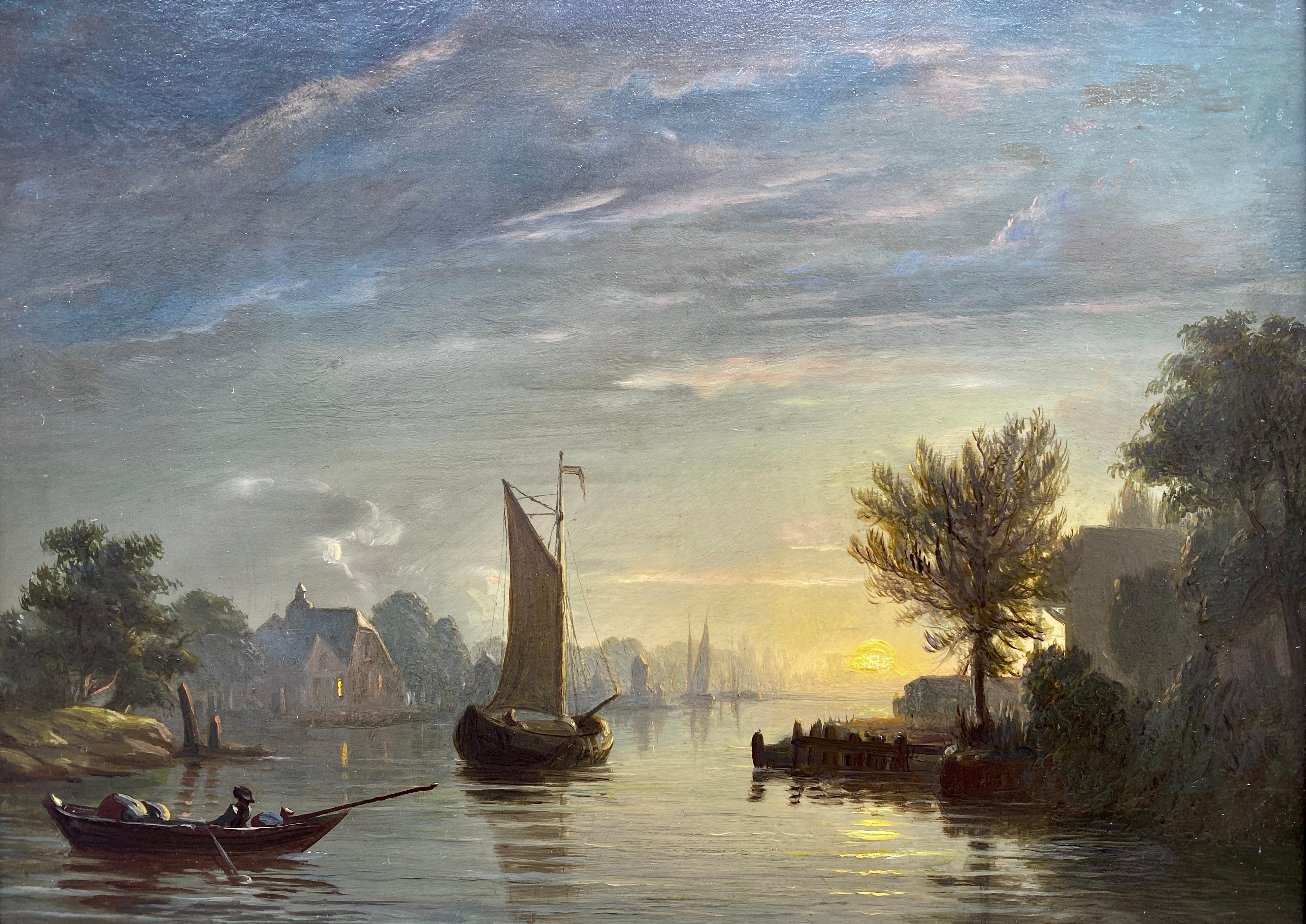 River Landscape by Sunset, Petrus Van Schendel, Breda 1806 – 1870 Brussels - Painting by  Van Schendel Petrus
