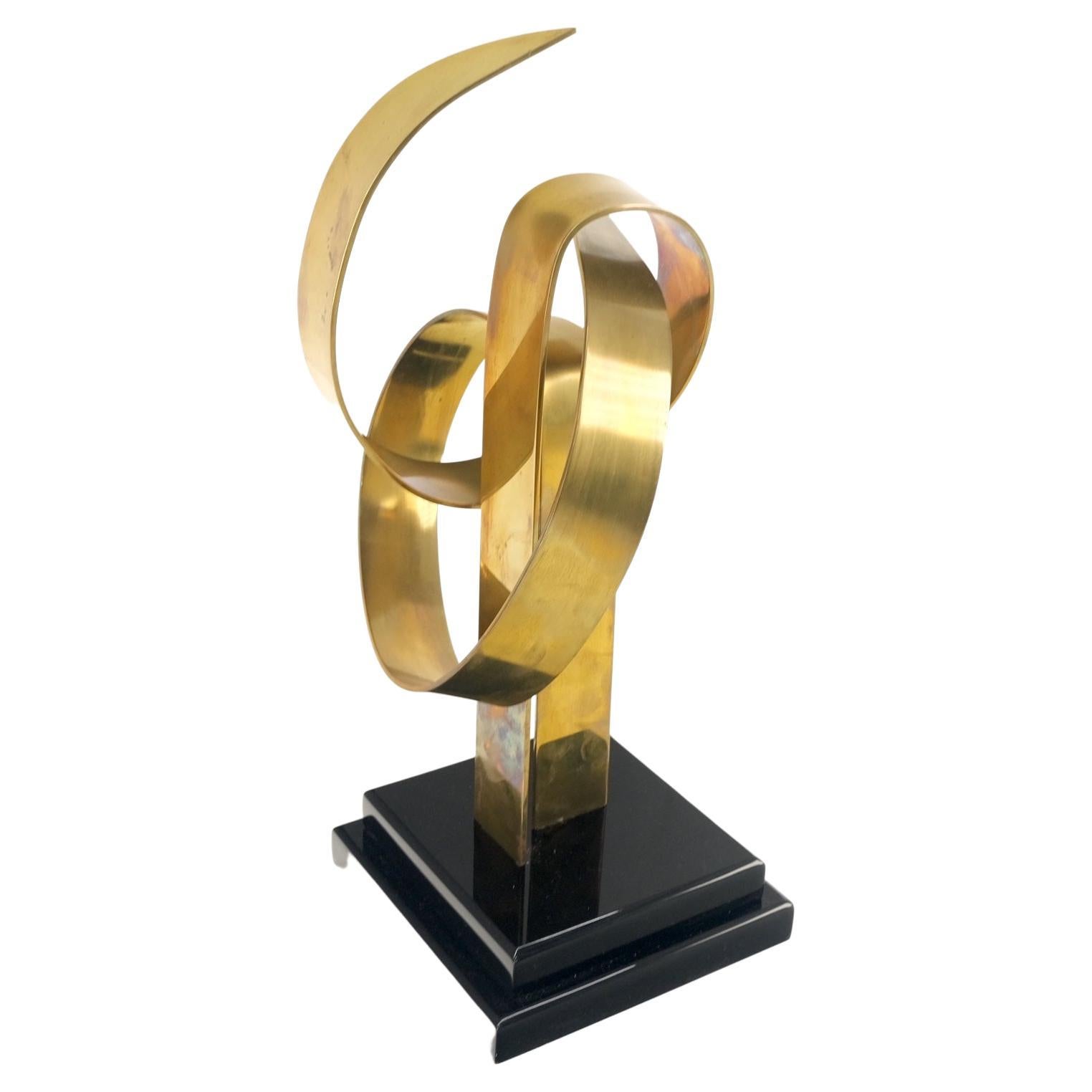 Van Teal Mid-Century Modern Brass Ribbon Abstract Sculpture on Black Square Base For Sale
