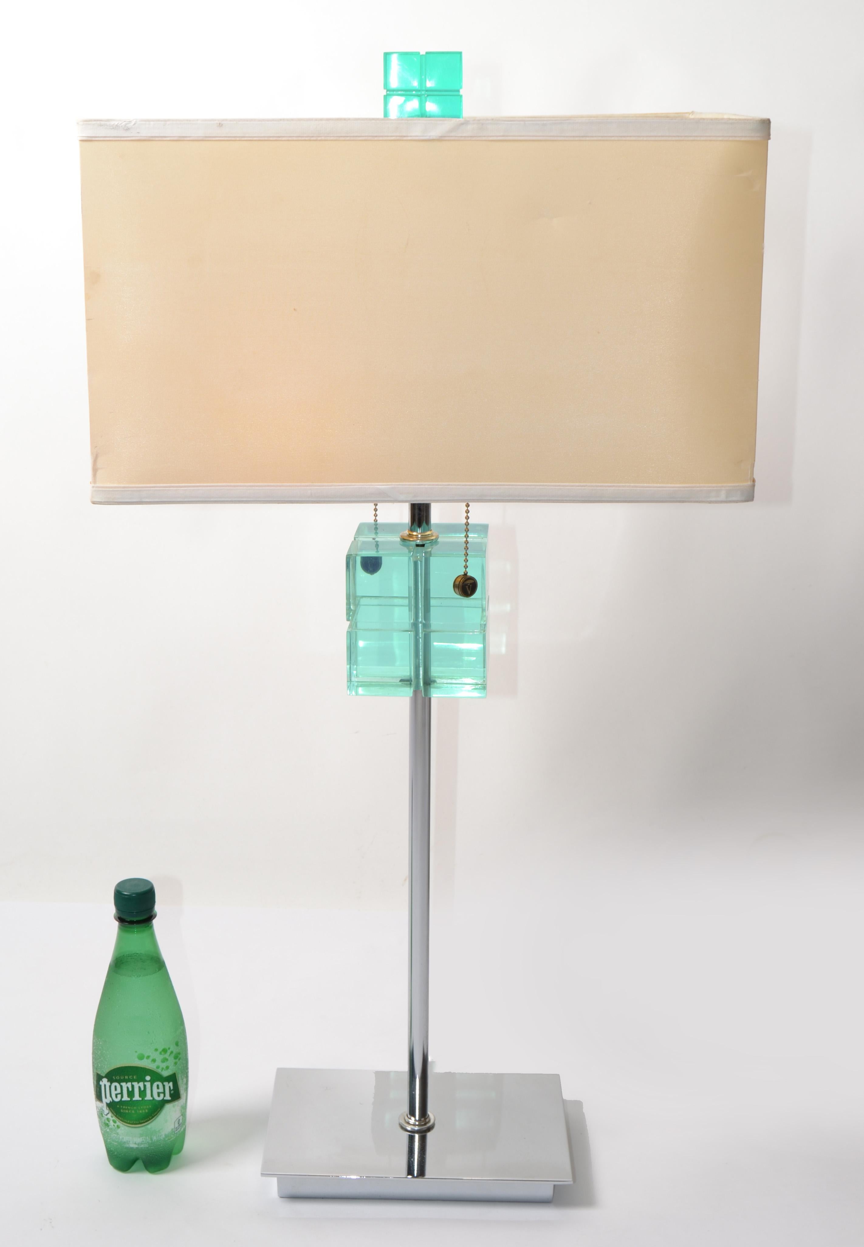 Van Teal Mid-Century Modern Emerald Green Lucite Chrome Table Lamp Beige Shade For Sale 8
