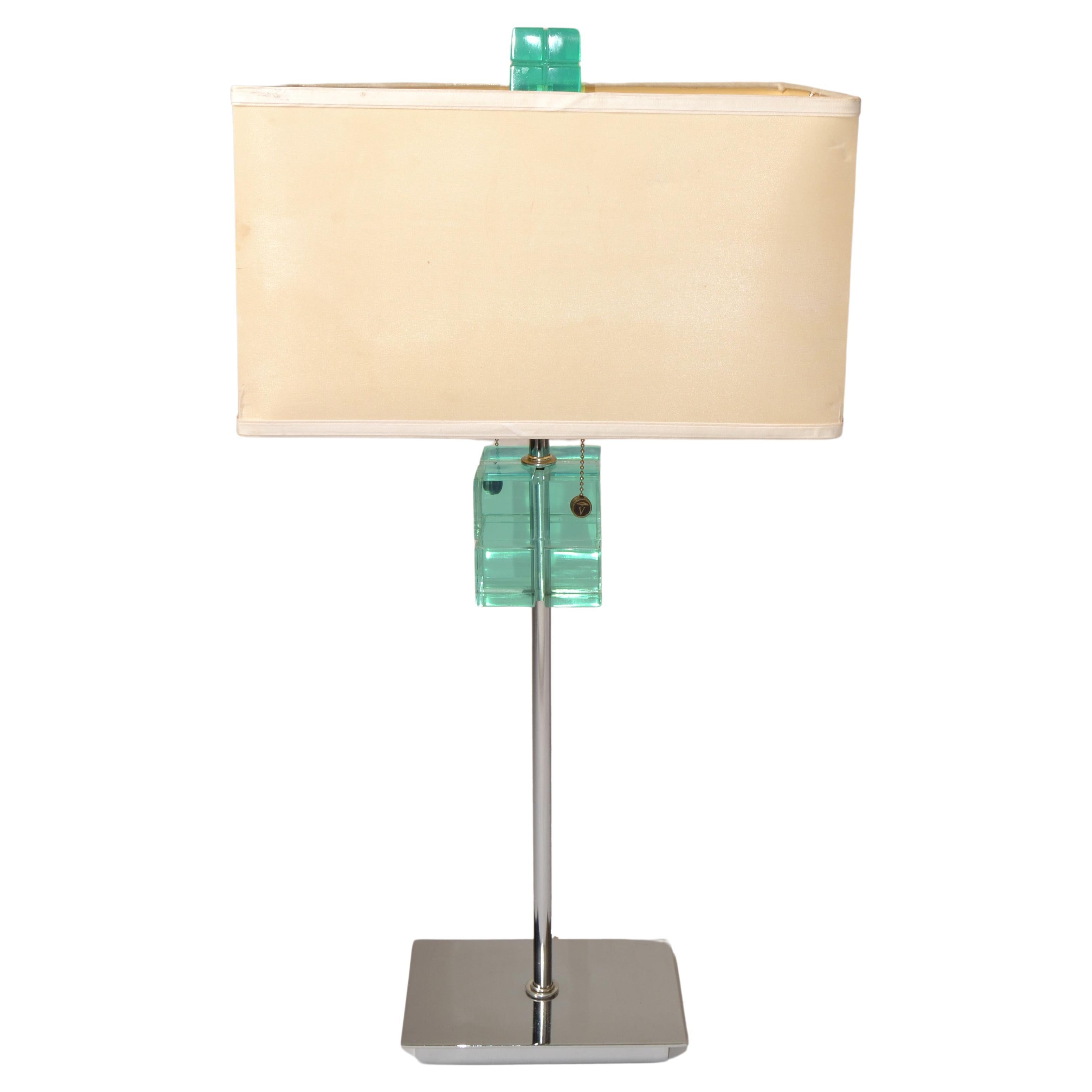 Van Teal Mid-Century Modern Emerald Green Lucite Chrome Table Lamp Beige Shade For Sale