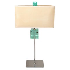 Vintage Van Teal Mid-Century Modern Emerald Green Lucite Chrome Table Lamp Beige Shade