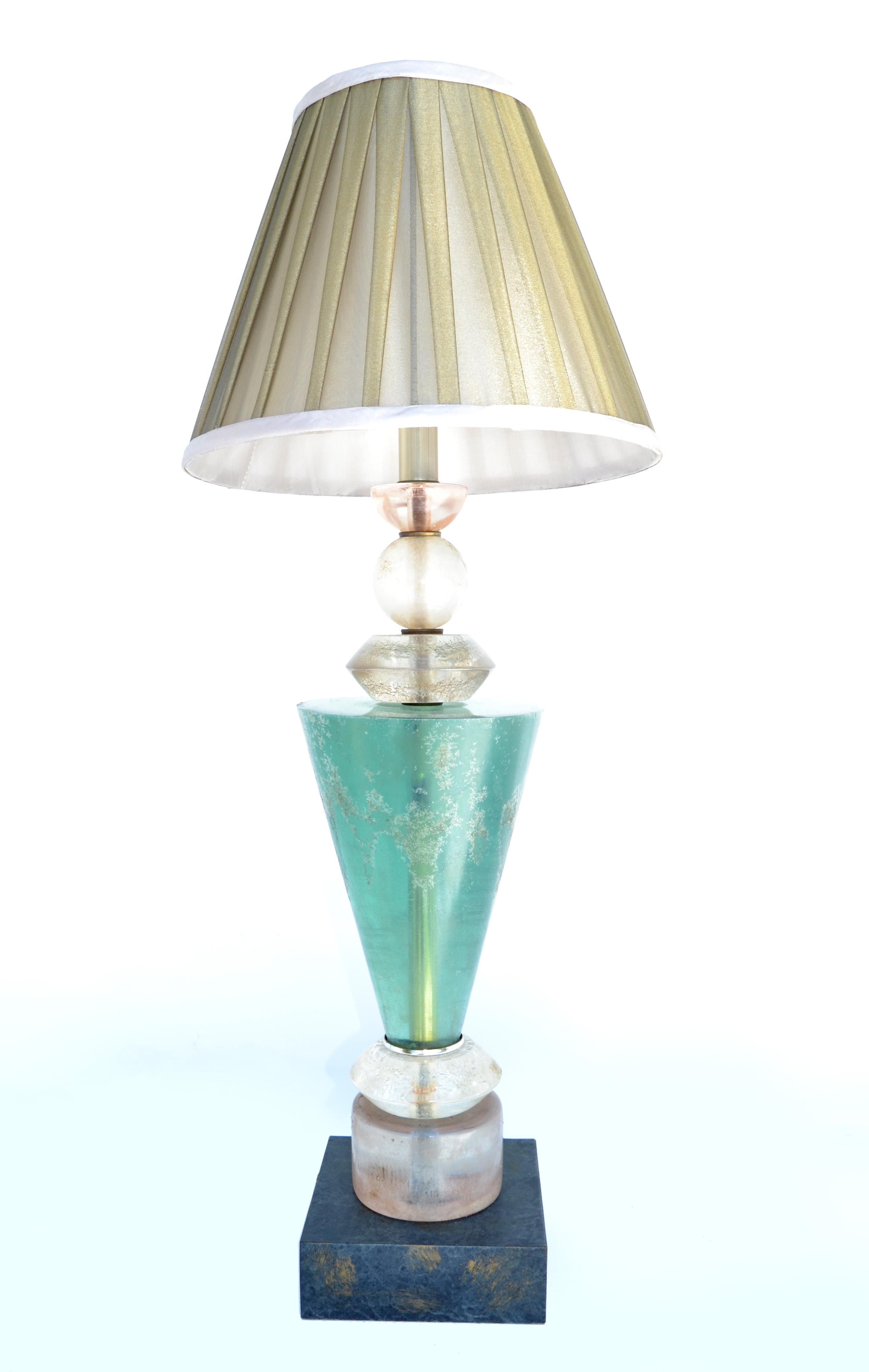 White, green, black, gold Lucite Hivo Van teal table lamp with gold pleated fabric shade.
US wired, UL Listing and in working condition.
The black laminated base measures 6 x 6 inches.
Have a look on our large collection of Van Teal table