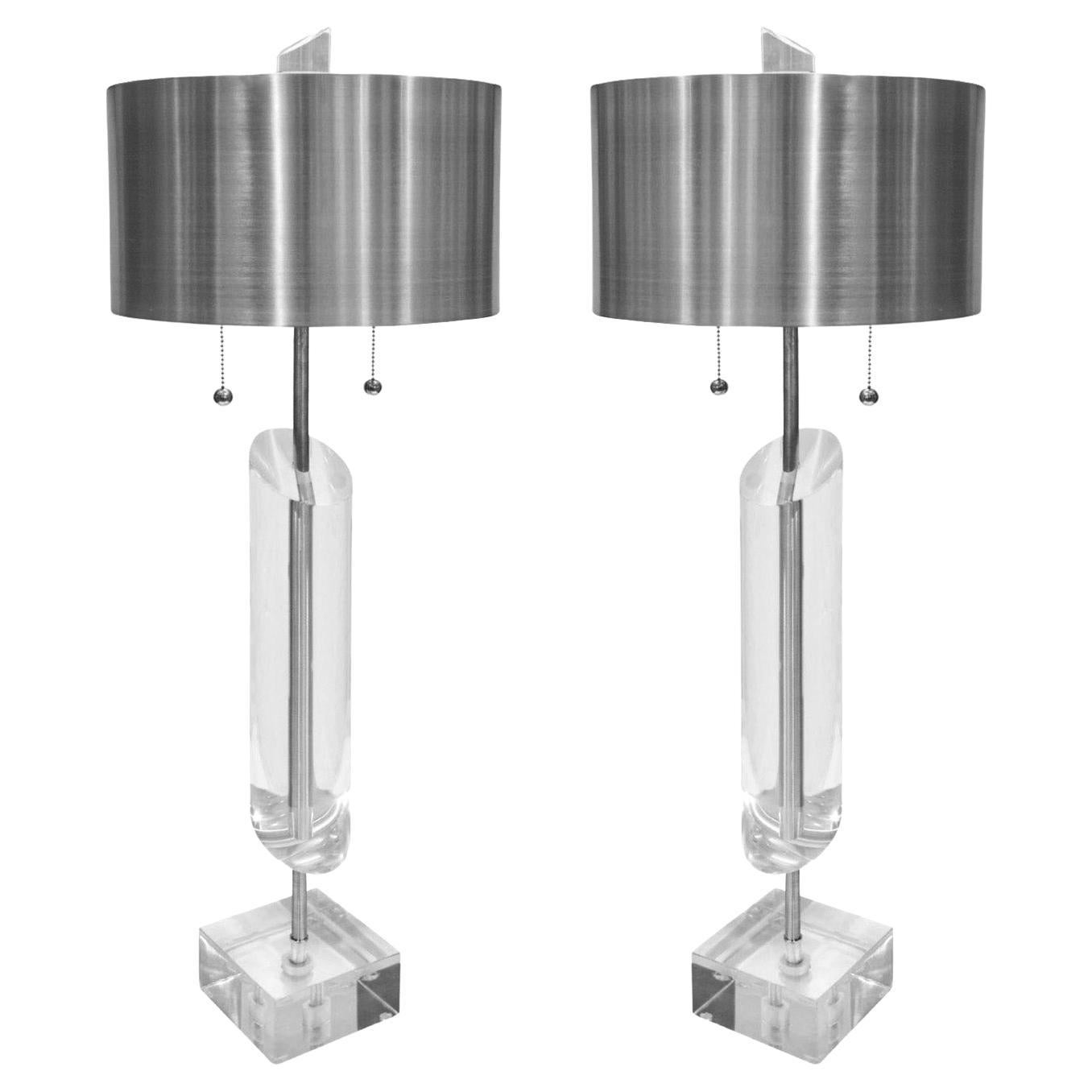 Van Teal Pair of Sculptural Lucite Lamps with Aluminum Shades, 1970s (Signed)