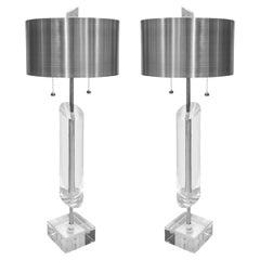 Van Teal Pair of Sculptural Lucite Lamps with Aluminum Shades, 1970s (Signed)