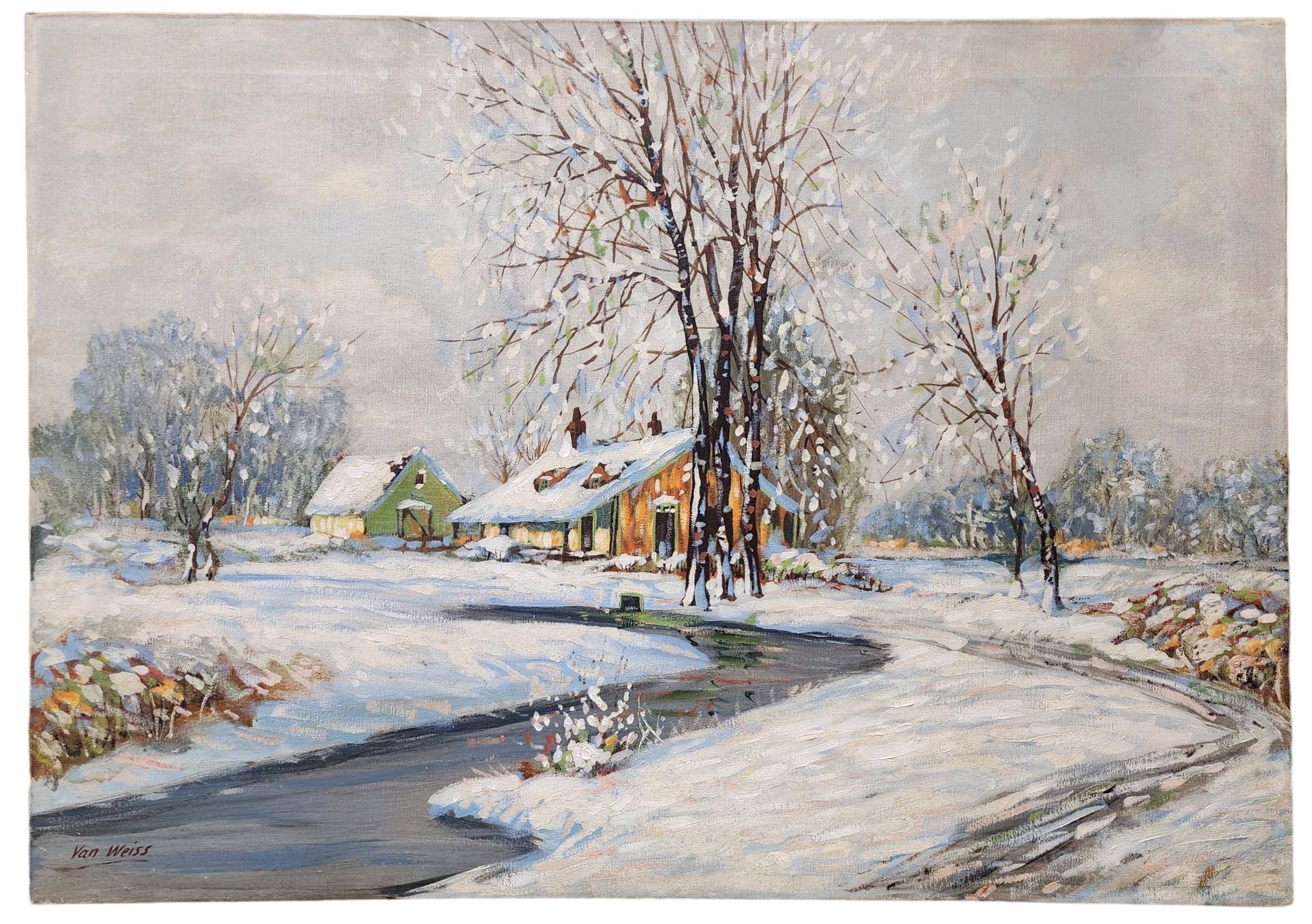Winter Landscape, c. 1930s House, River, Snow - Painting by Van Weiss