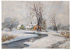 Winter Landscape, c. 1930s House, River, Snow