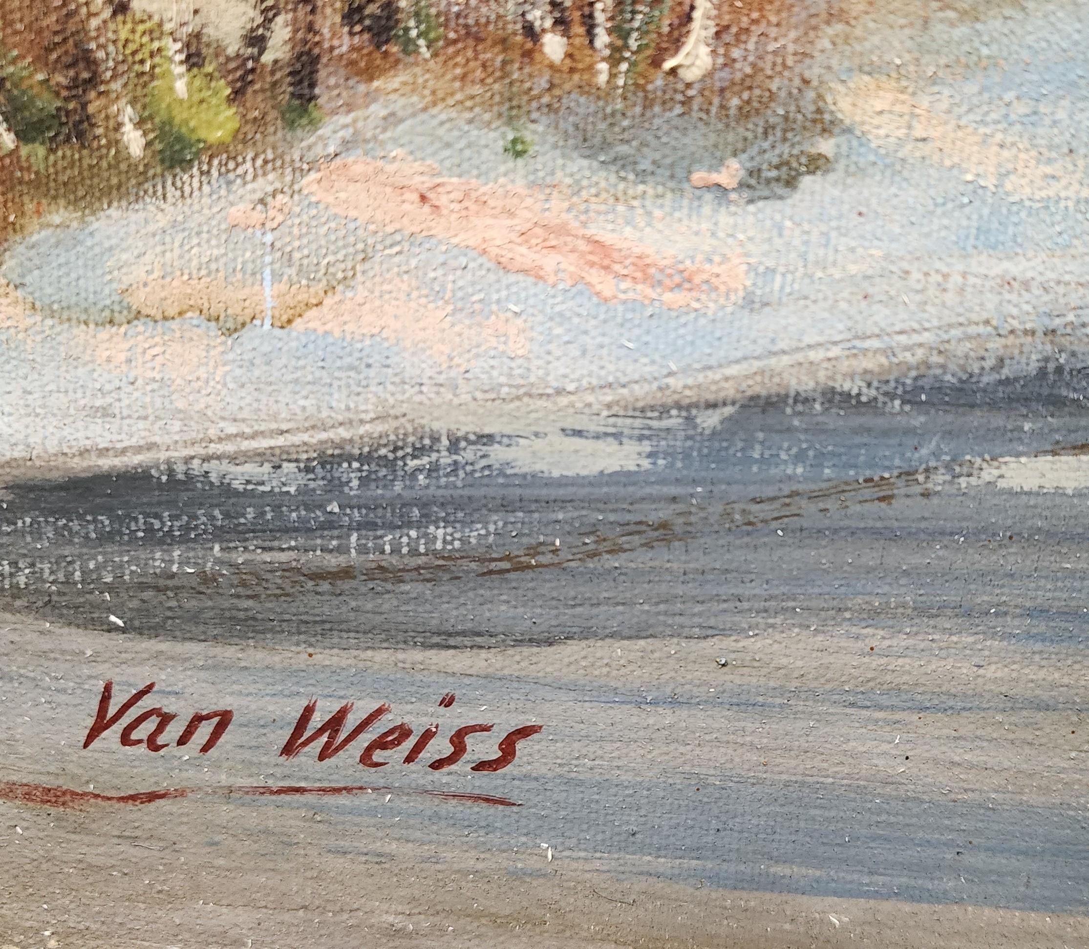 Paysage d'hiver, maison, rivière, neige, vers les années 1930 - Gris Landscape Painting par Van Weiss