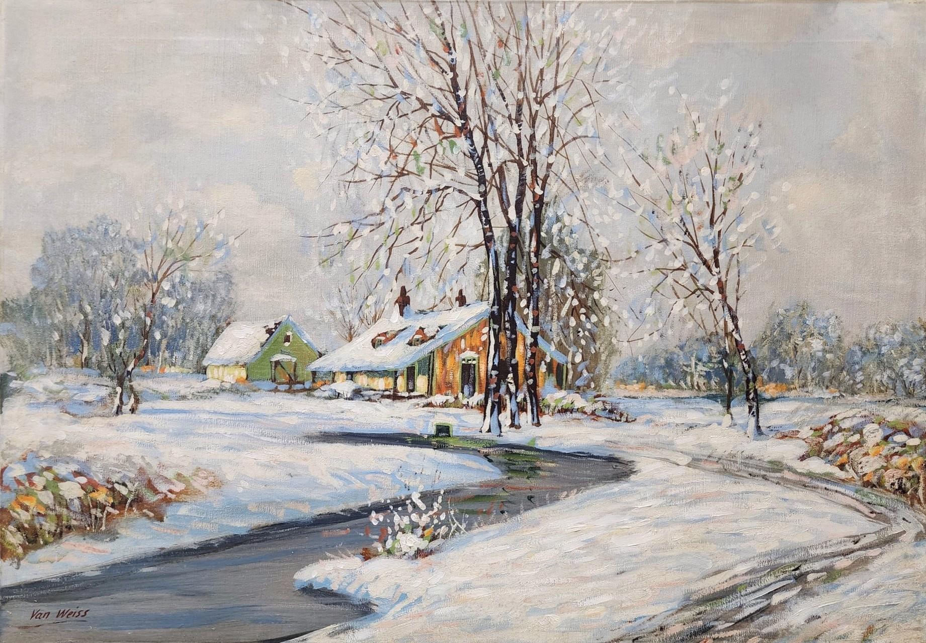 Van Weiss Landscape Painting - Winter Landscape, c. 1930s House, River, Snow