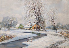 Paysage d'hiver, maison, rivière, neige, vers les années 1930