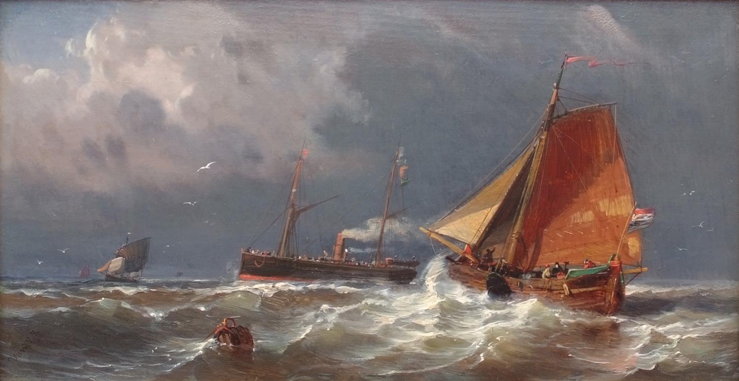 VAN WYK Henri (1833-NC)
Marines im Paar
Öl auf Holzplatte signiert unten links
Alter Rahmen neu vergoldet mit Blattgold
Abmessung Holz : 23 X 41 cm
Abmessung Rahmen : 40 X 58 cm
Echtheitszertifikat

VAN WYK Henri (1833-NC)
Niederländische Schule -