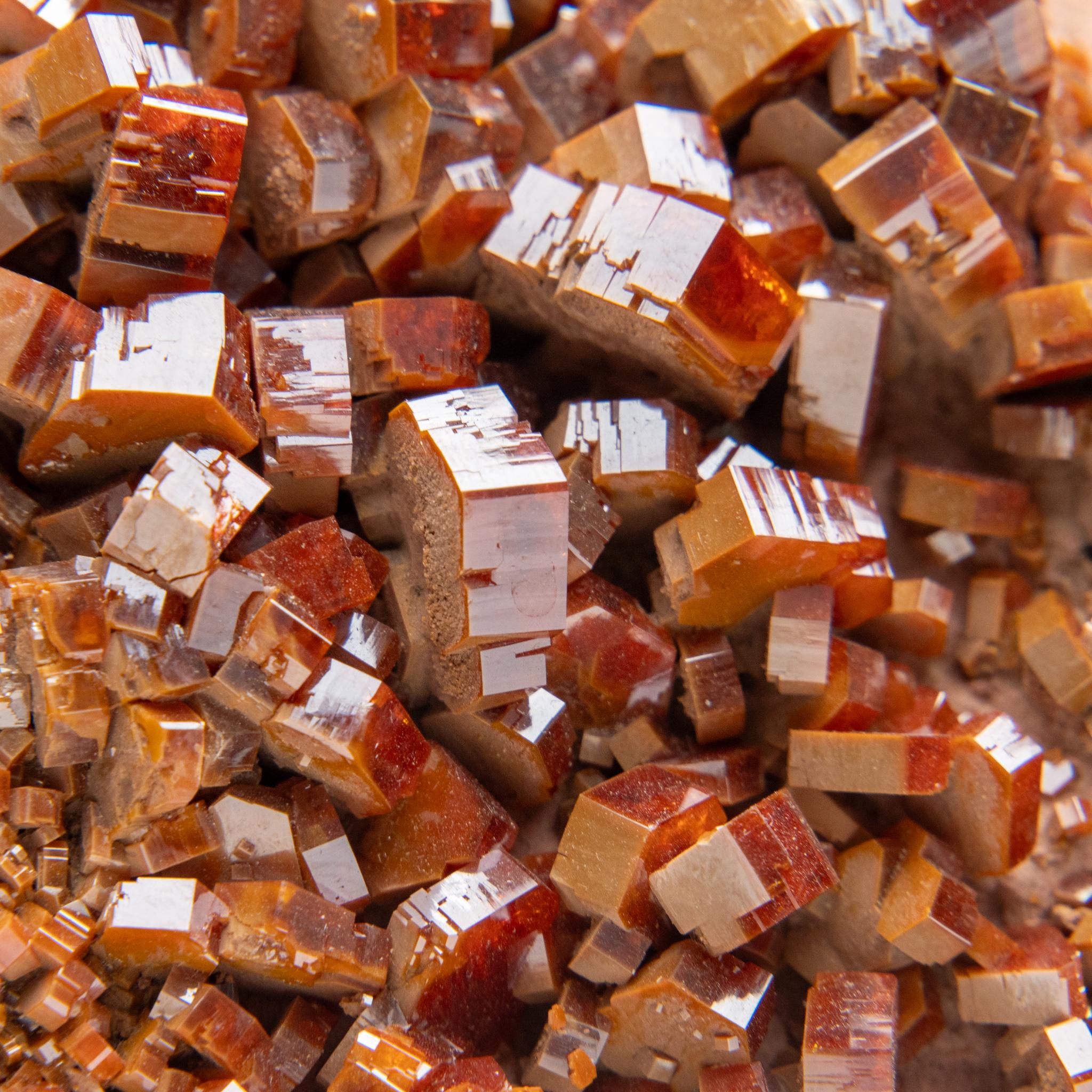 Da Mibladen, montagne dell'Atlante, provincia di Khénifra, Marocco.

 Ecco un eccezionale esemplare di classe mondiale di un gruppo di cristalli esagonali di vanadinite rosso brillante con lucentezza vitrea su matrice. Grandi cristalli ben definiti