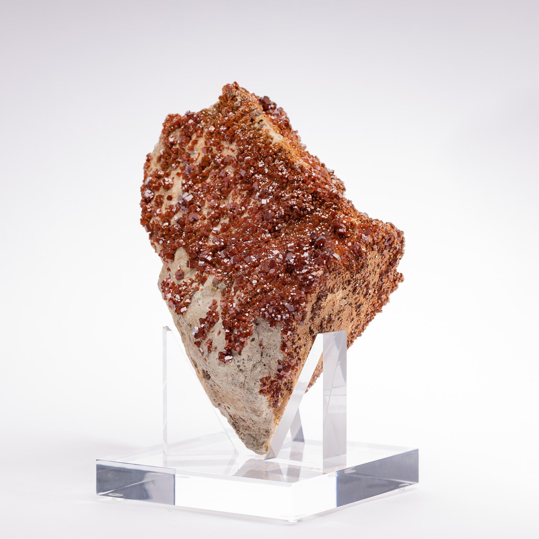 Organic Modern Vanadinite Crystals with Vibrant Colors and Lots of Blink on Custom Acrylic Base For Sale