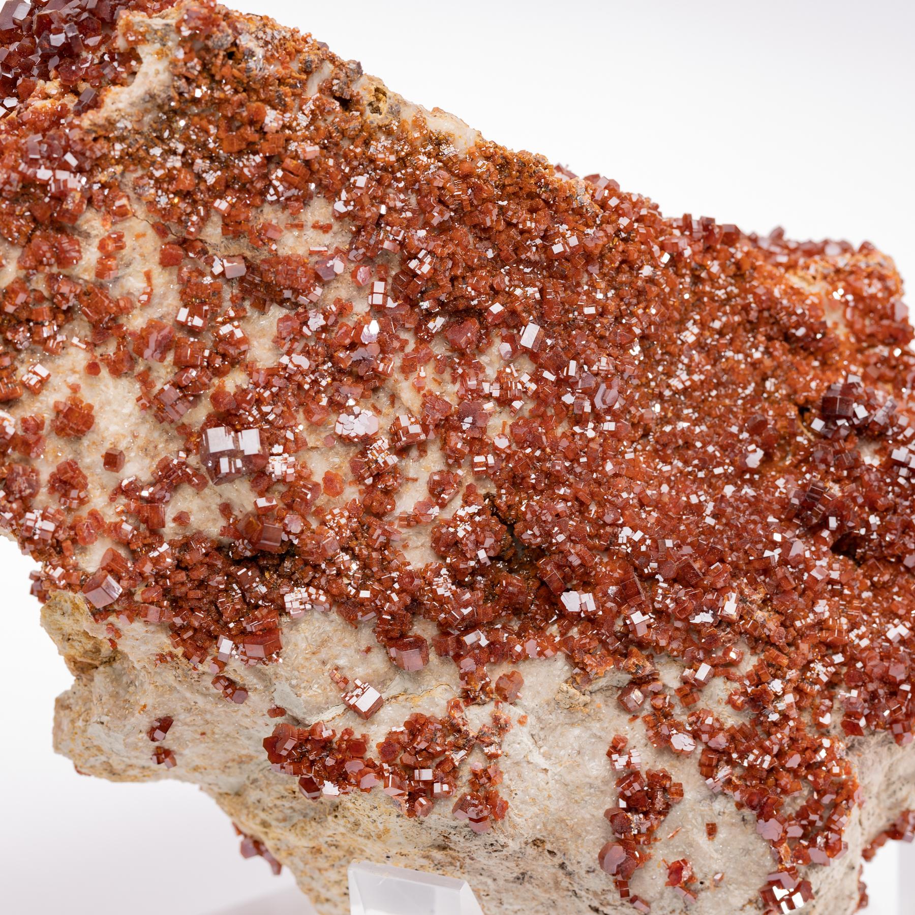 Contemporary Vanadinite Crystals with Vibrant Colors and Lots of Blink on Custom Acrylic Base For Sale