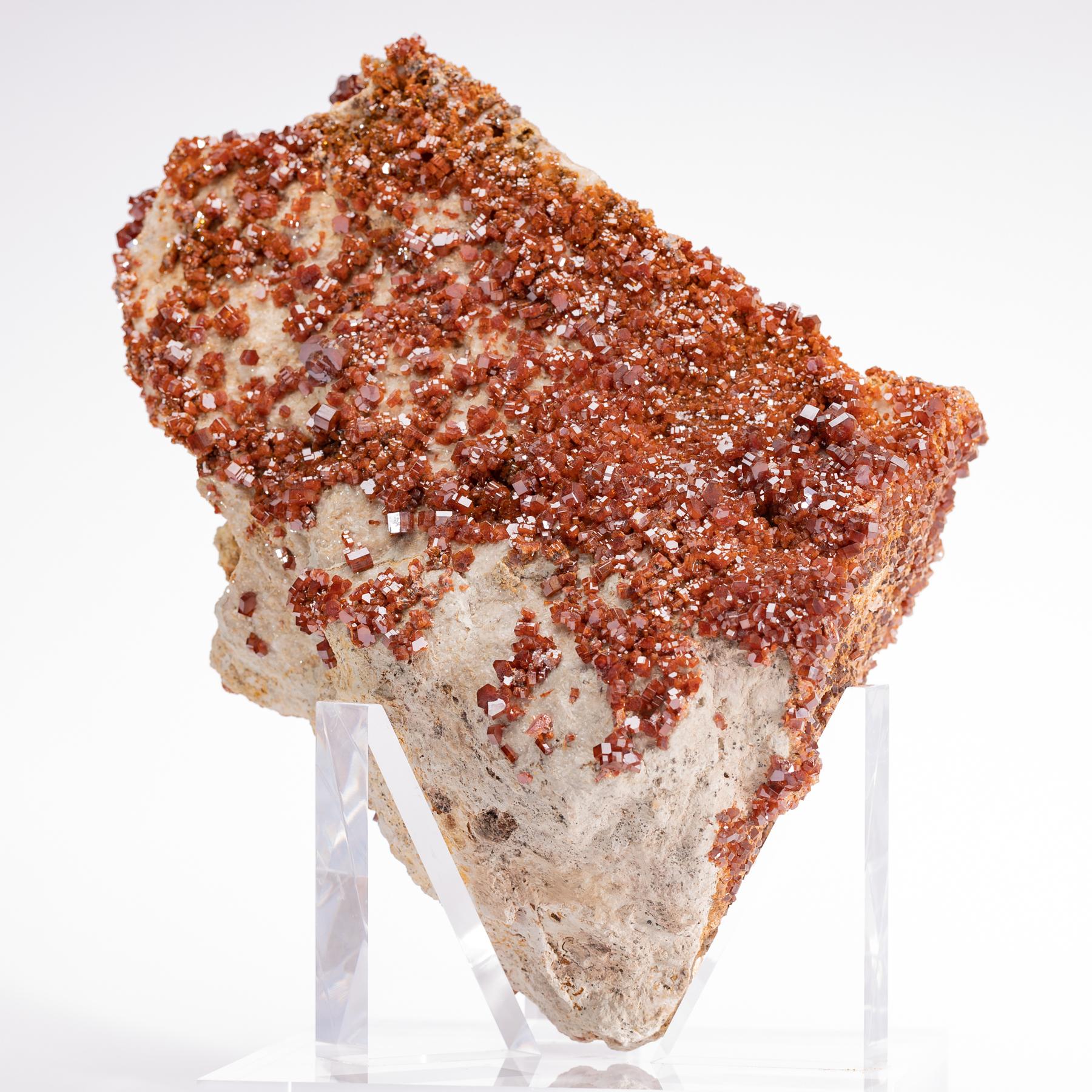 Vanadinite Crystals with Vibrant Colors and Lots of Blink on Custom Acrylic Base For Sale 1