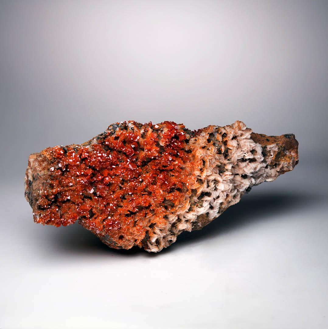 Questo scintillante esemplare mostra una vibrante spruzzata di druzy sovrapposta a cristalli di Vanadinite rossa raggruppati su un letto scultoreo di lame di Barite bianca. L'elevata lucentezza e il colore saturo della Vanadinite creano un contrasto