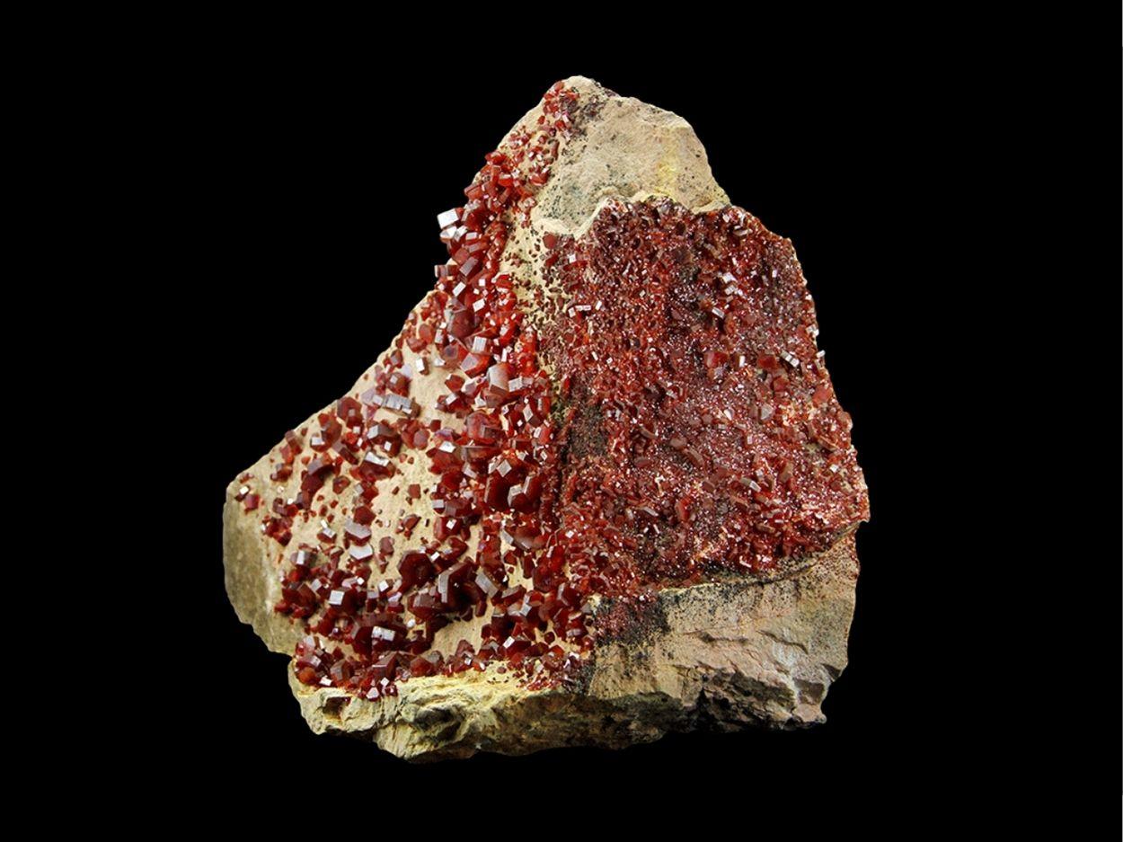 From Mibladen, Atlas Mountains, Khénifra Province, Morocco

 

Here is an exceptional world class specimen of large hexagonal crystals of bright red Vanadinites on matix. Large well formed undamaged crystals, fully terminated with bright vibrant red