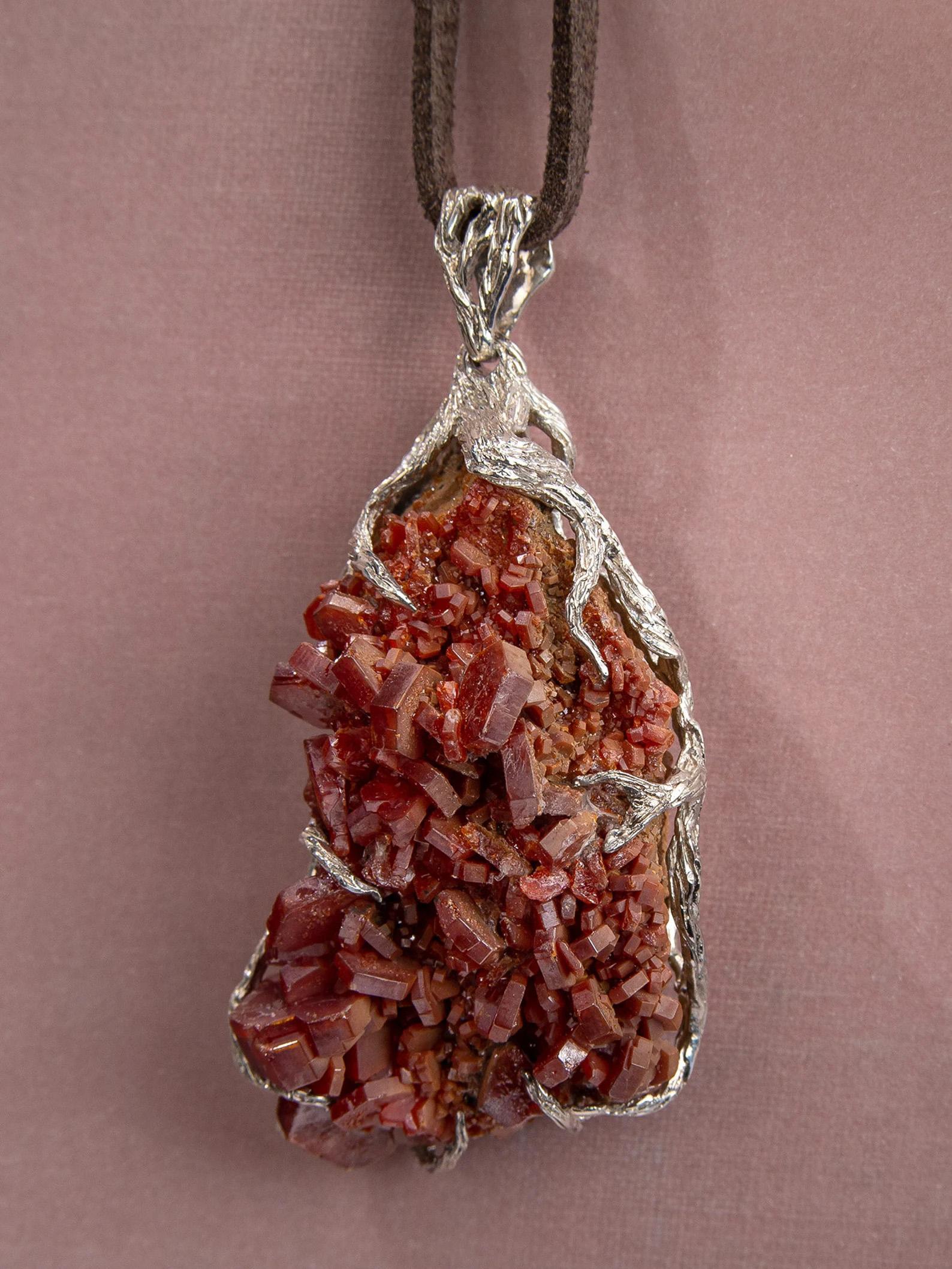 Vanadinite Silver Pendant Crystal Natural Red Gemstone Statement Unisex Jewelry For Sale 4
