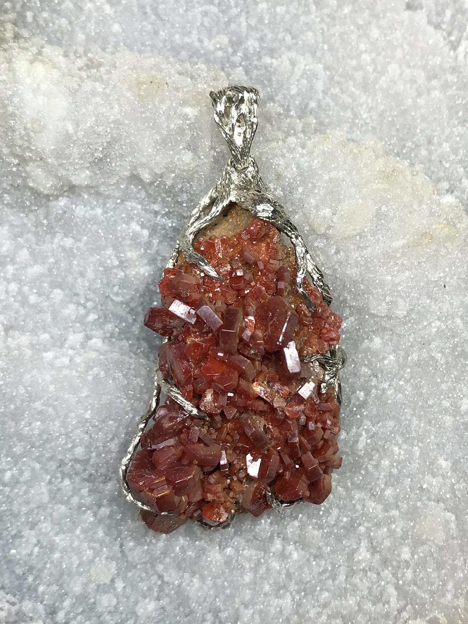Vanadinite Silver Pendant Crystal Natural Red Gemstone Statement Unisex Jewelry For Sale 5