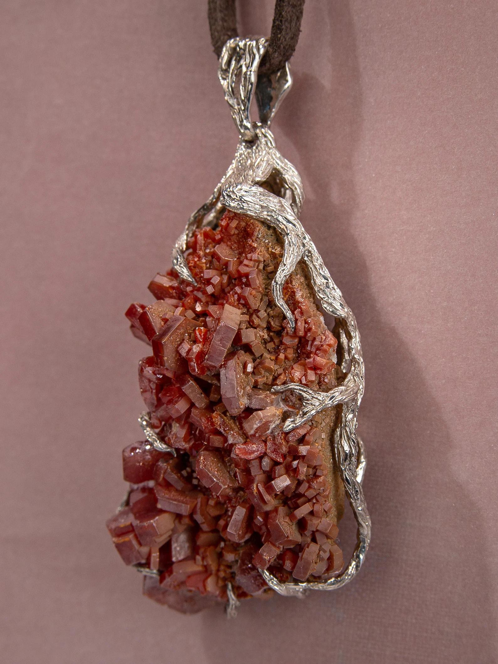 Vanadinite Silver Pendant Crystal Natural Red Gemstone Statement Unisex Jewelry For Sale 1