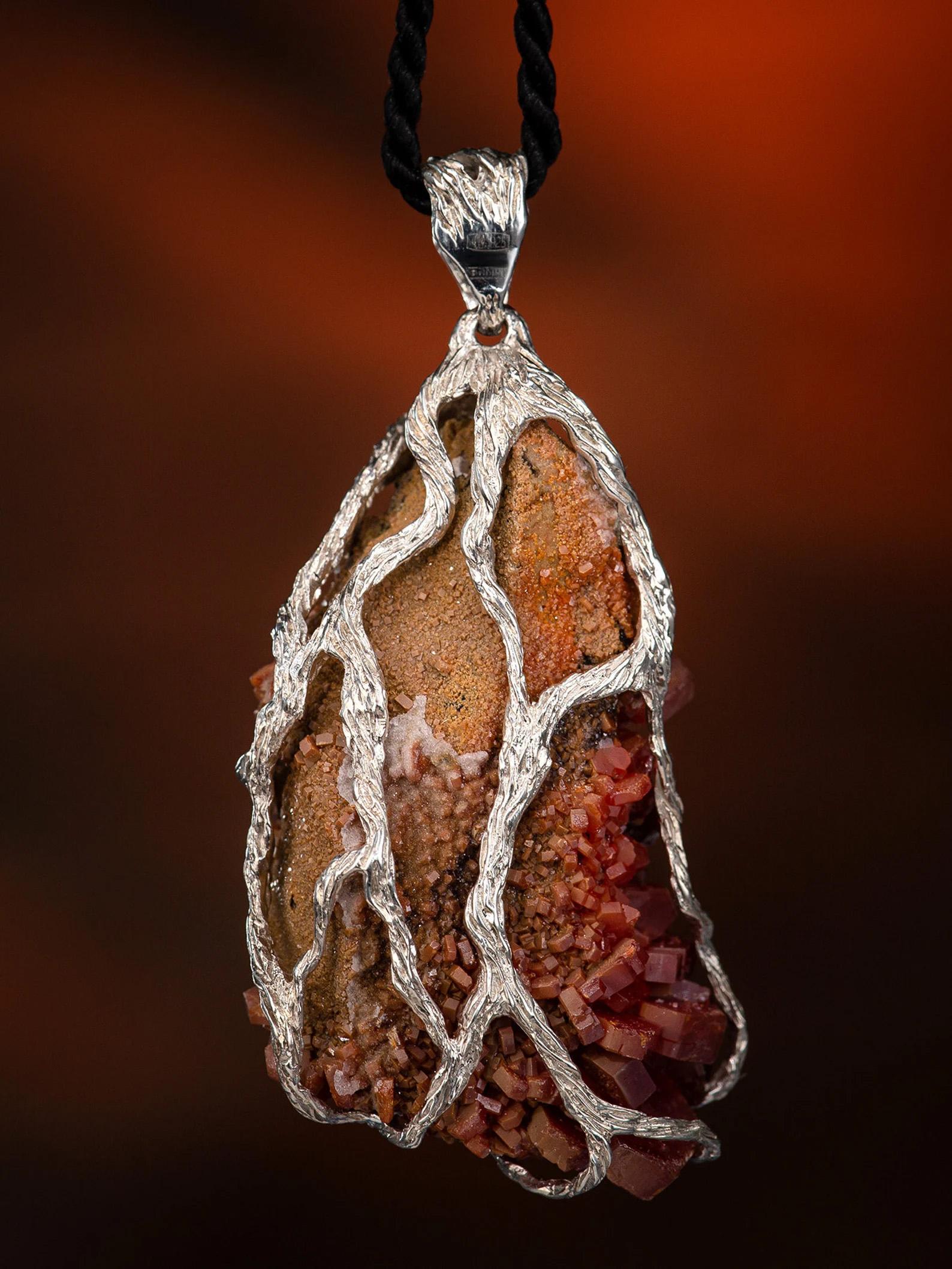 Vanadinite Silver Pendant Crystal Natural Red Gemstone Statement Unisex Jewelry For Sale 2