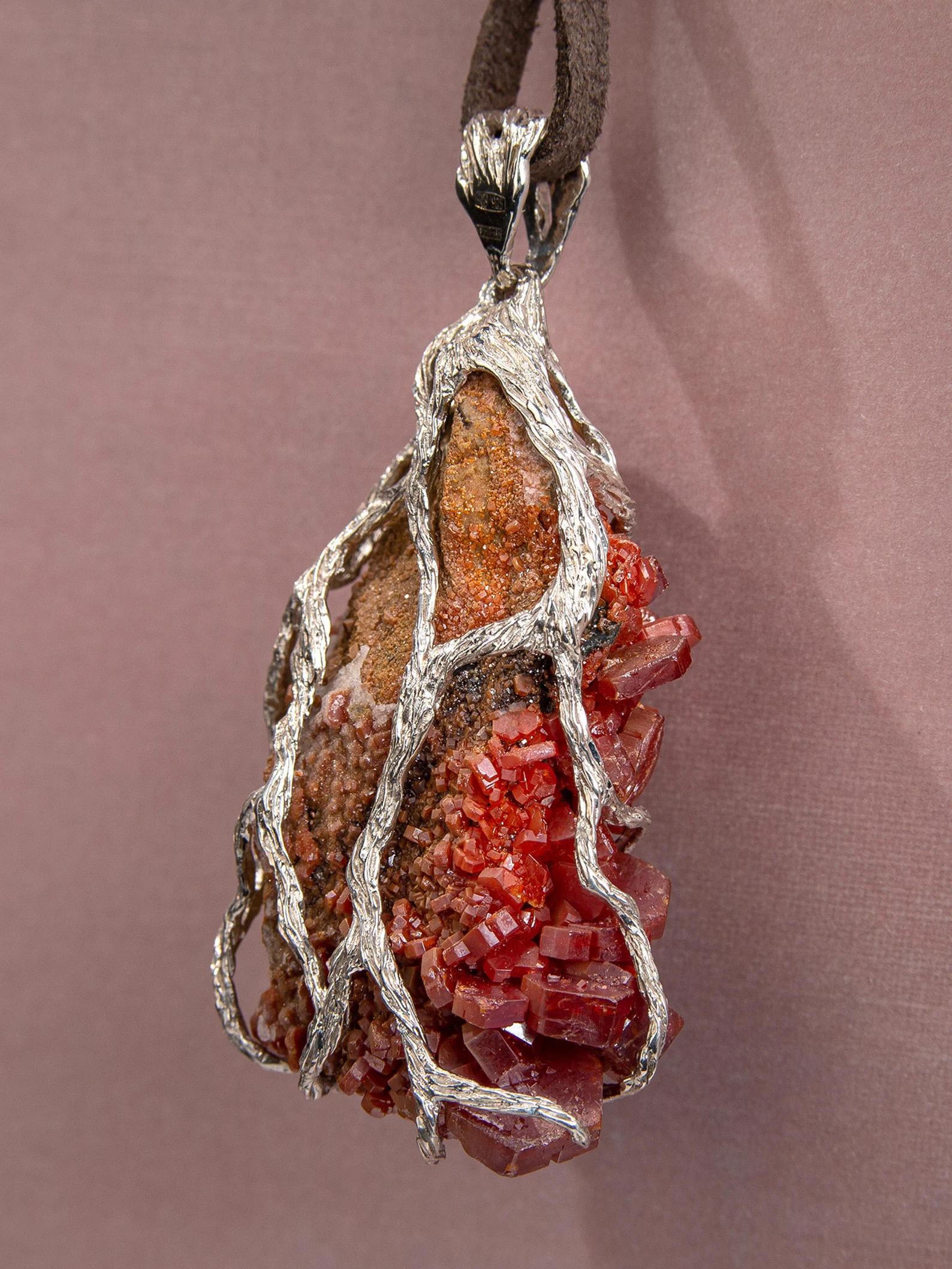 Vanadinite Silver Pendant Crystal Natural Red Gemstone Statement Unisex Jewelry For Sale 3