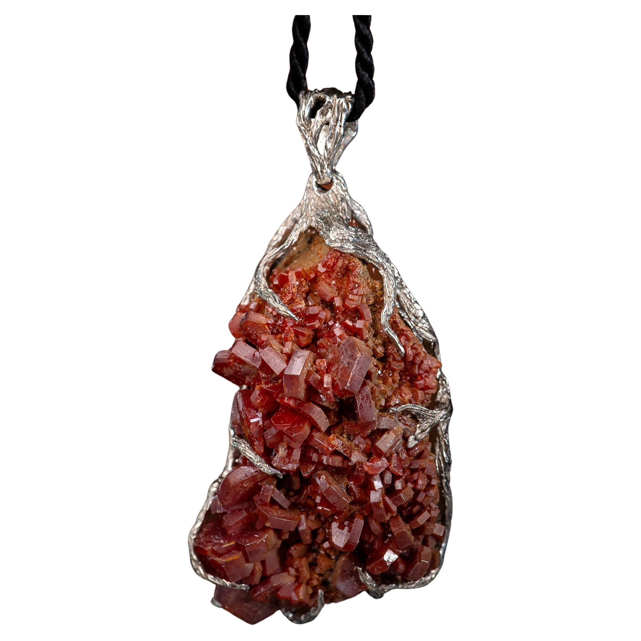 Vanadinite Silver Pendant Crystal Natural Red Gemstone Statement Unisex Jewelry For Sale