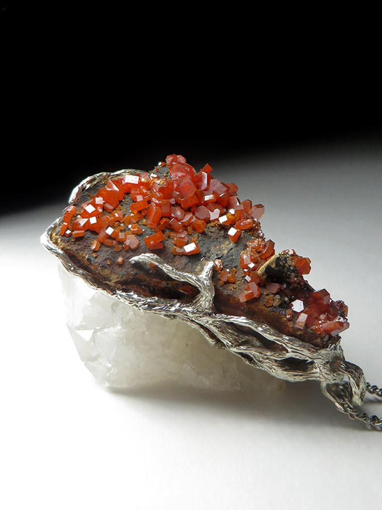 Artisan Vanadinite Silver Pendant Raw Crystals gift for a mathematician special person For Sale
