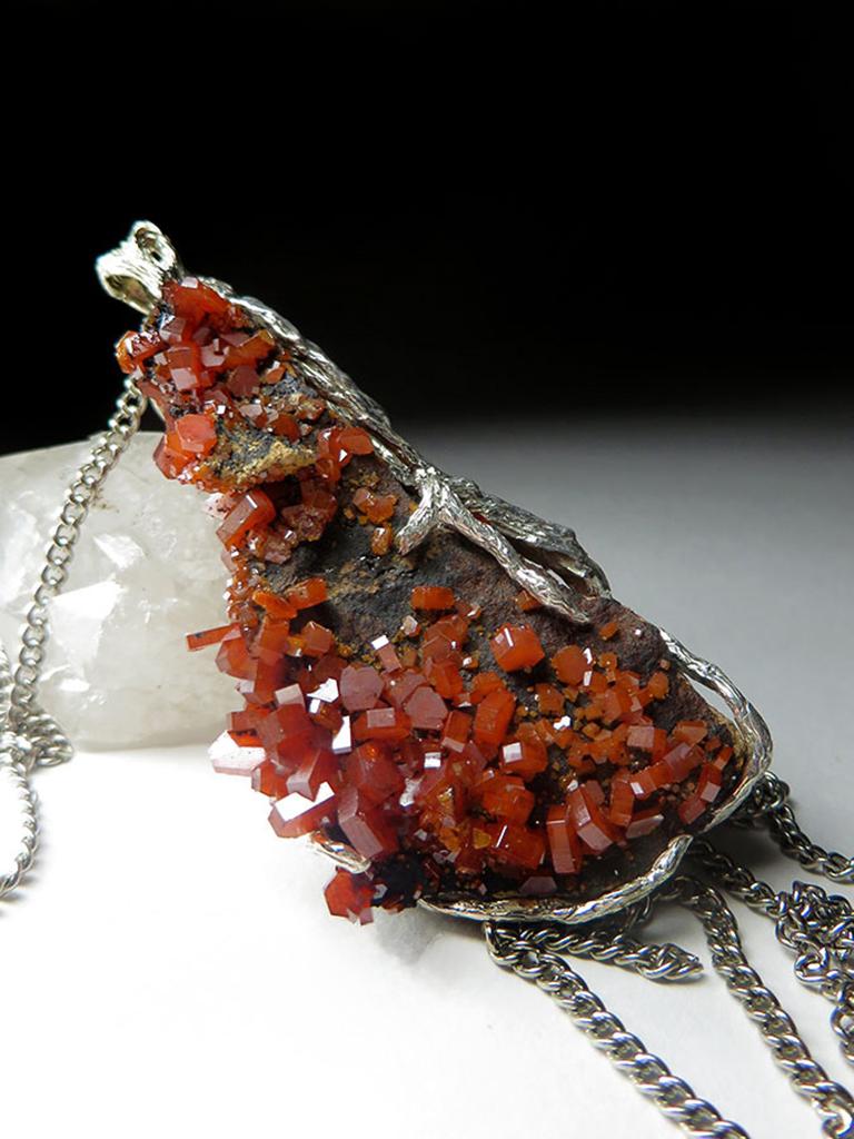 Vanadinite Silver Pendant Raw Crystals gift for a mathematician special person For Sale 3