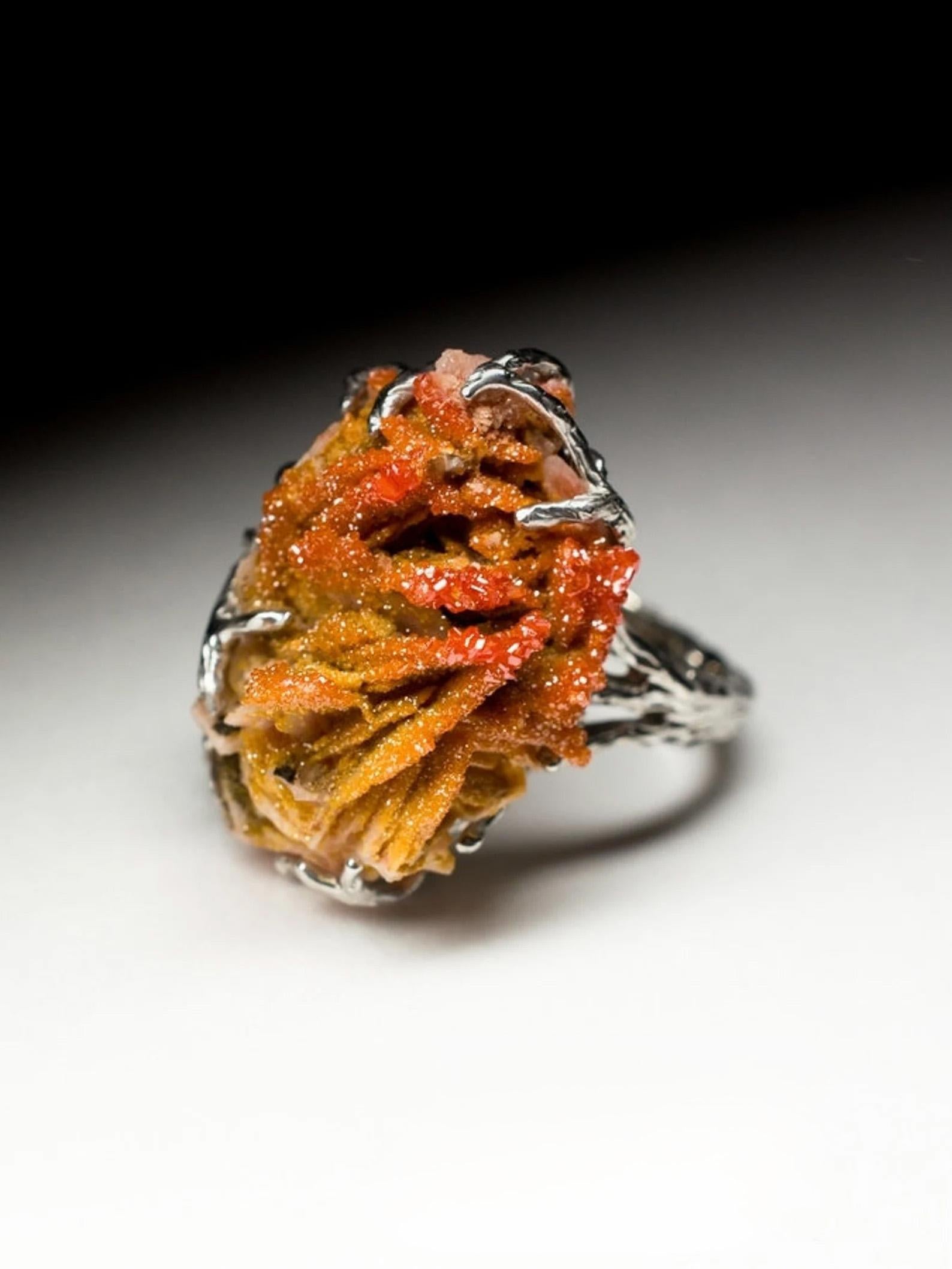 Vanadinite Silver Ring Natural Morocco Black Widow Orange Dragon Flame Gemstone  For Sale 1