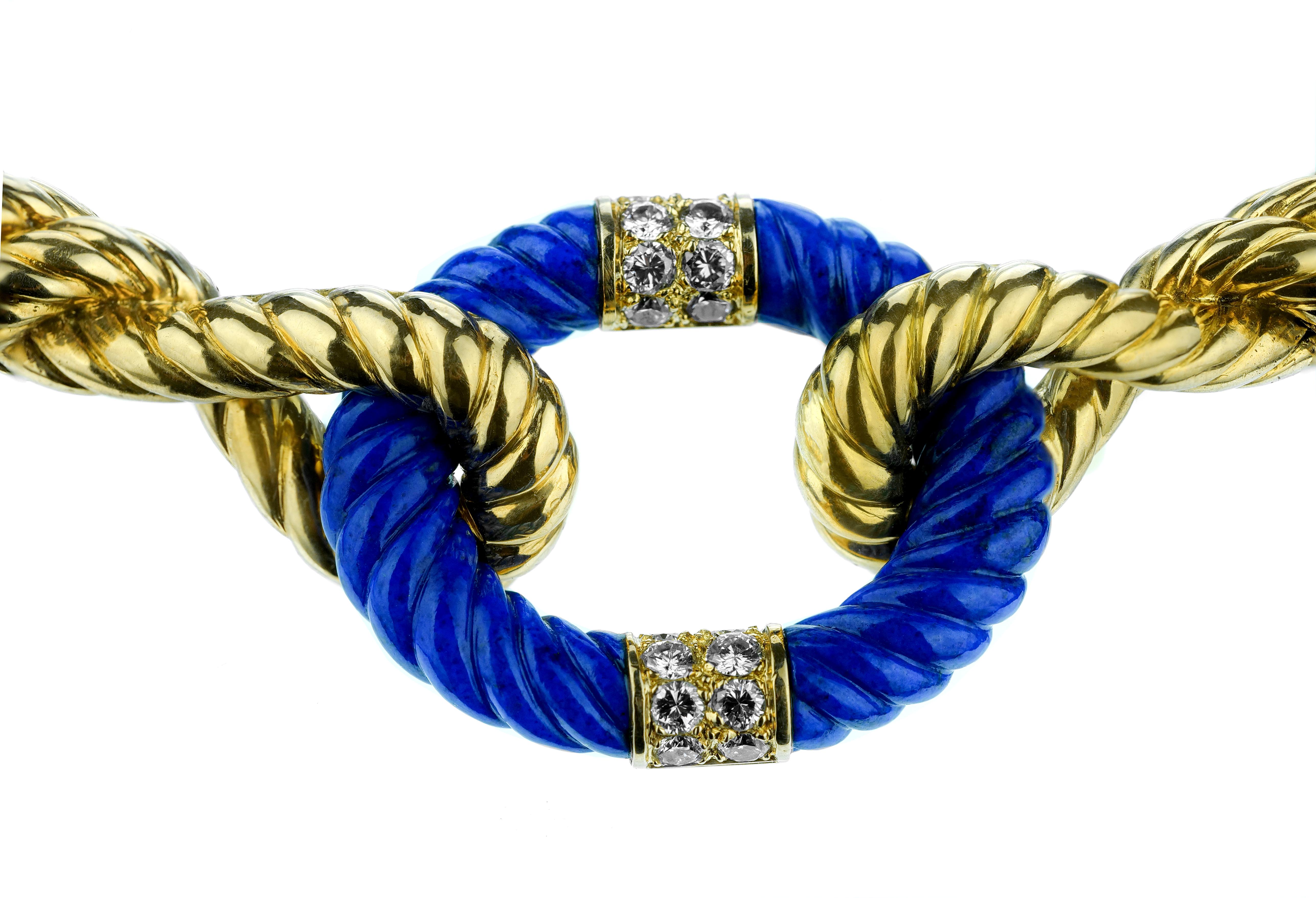 Cabochon Van Cleef & Arpels, Vintage Diamond and Lapis Lazuli Rope Twist Necklace in 18 K