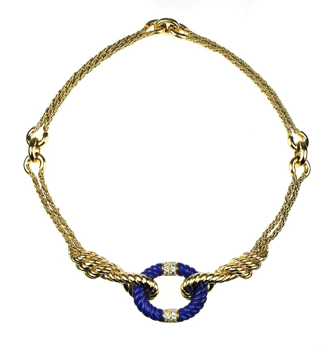 Van Cleef & Arpels, Vintage Diamond and Lapis Lazuli Rope Twist Necklace in 18 K In Excellent Condition In London, GB