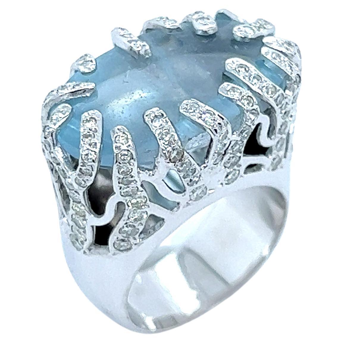 Vancox Designer 18K White Gold Diamond Cabochon Milky Aquamarine Cocktail Ring For Sale