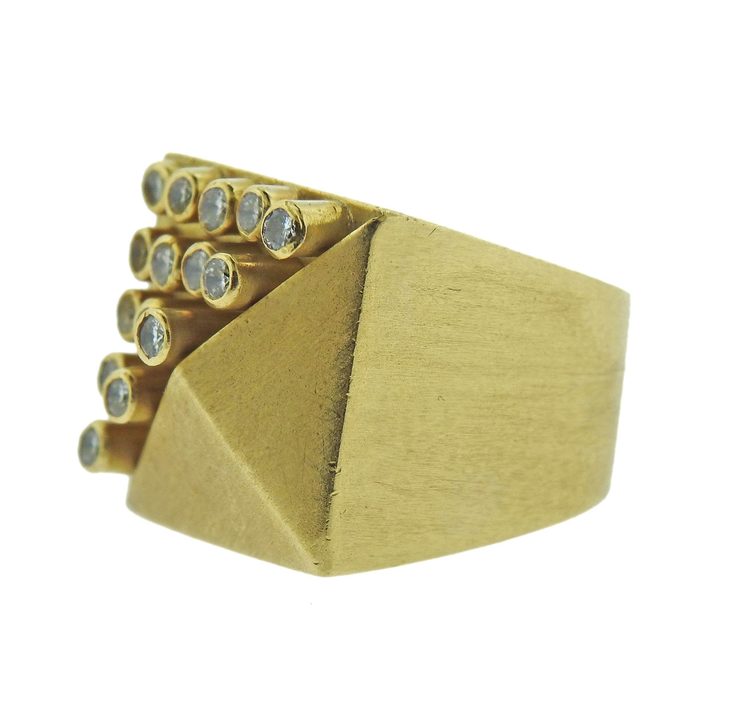 18k gold geometric Modernist ring by Vancox, with approx. 0.45ctw in diamonds. Ring size - 5.25, ring top - 18mm x 18mm. Marked: 750, Vancox,  Maker's mark, K. Weight - 15.3 grams.