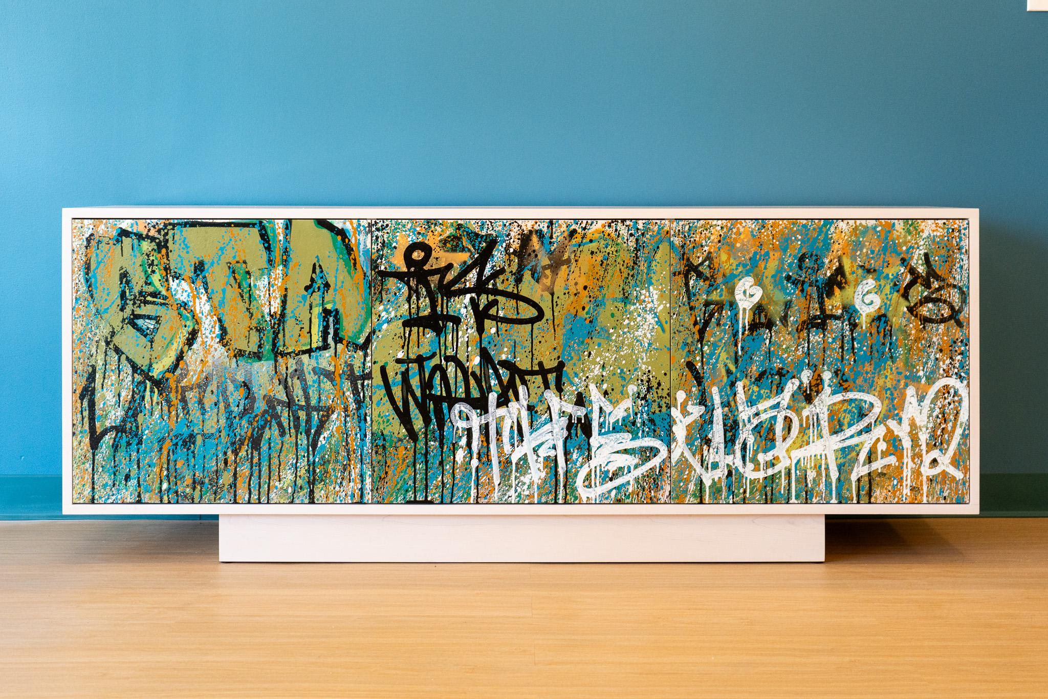Bleached Vandalism Cabinet 04 - Handmade Cabinet, Hand-Painted with Graffiti-style Art XL For Sale