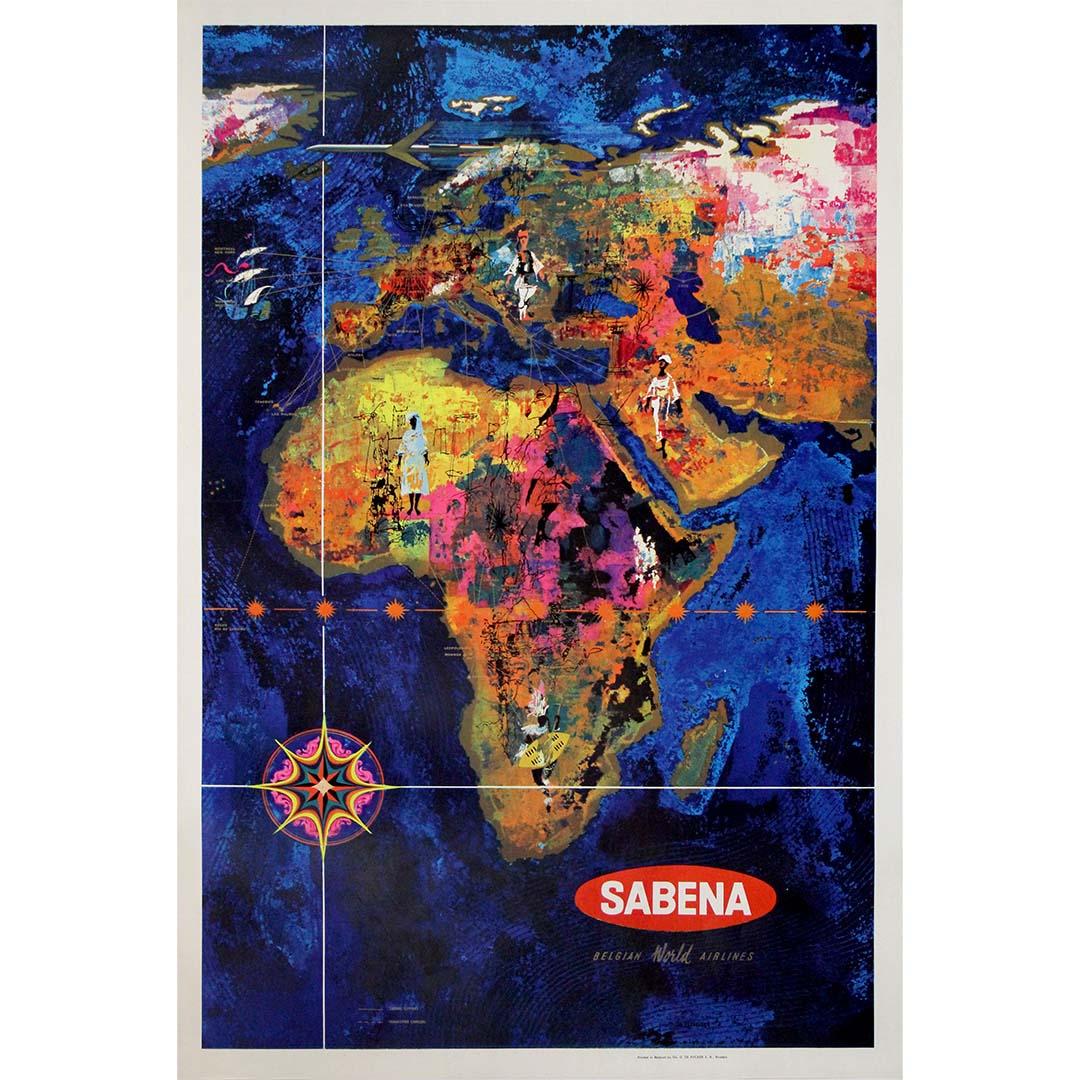 The circa 1960 original travel poster by G. Vanden Eynde for Sabena Belgian World Airlines is a stunning example of mid-century airline advertising, showcasing the vibrant and adventurous spirit of global travel during the era. Designed to promote