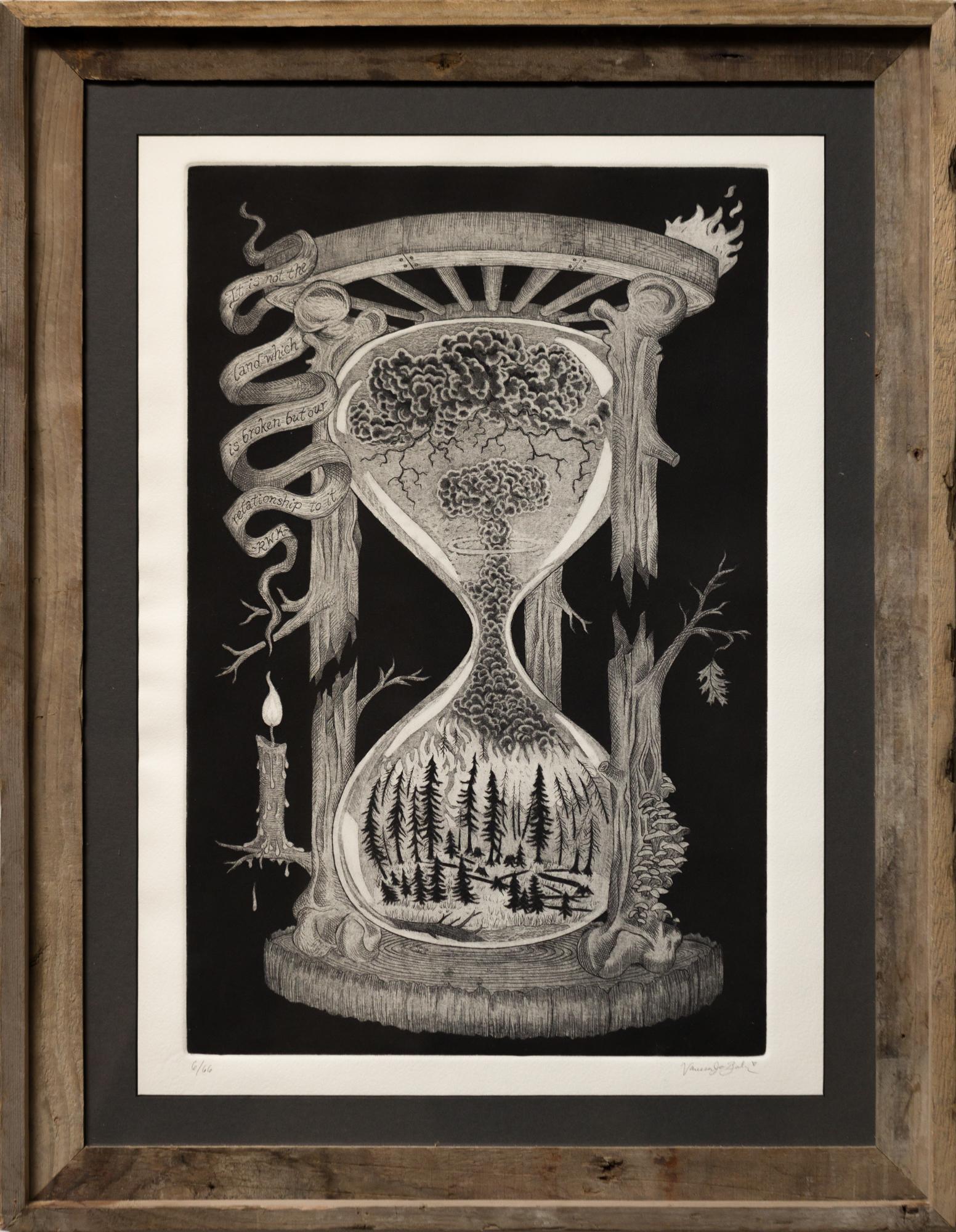 Vanessa Jo Bahr Still-Life Print – "Feuerökologie", Stillleben, Darstellungen der Nature, Sanduhr-Motiv, Radierung