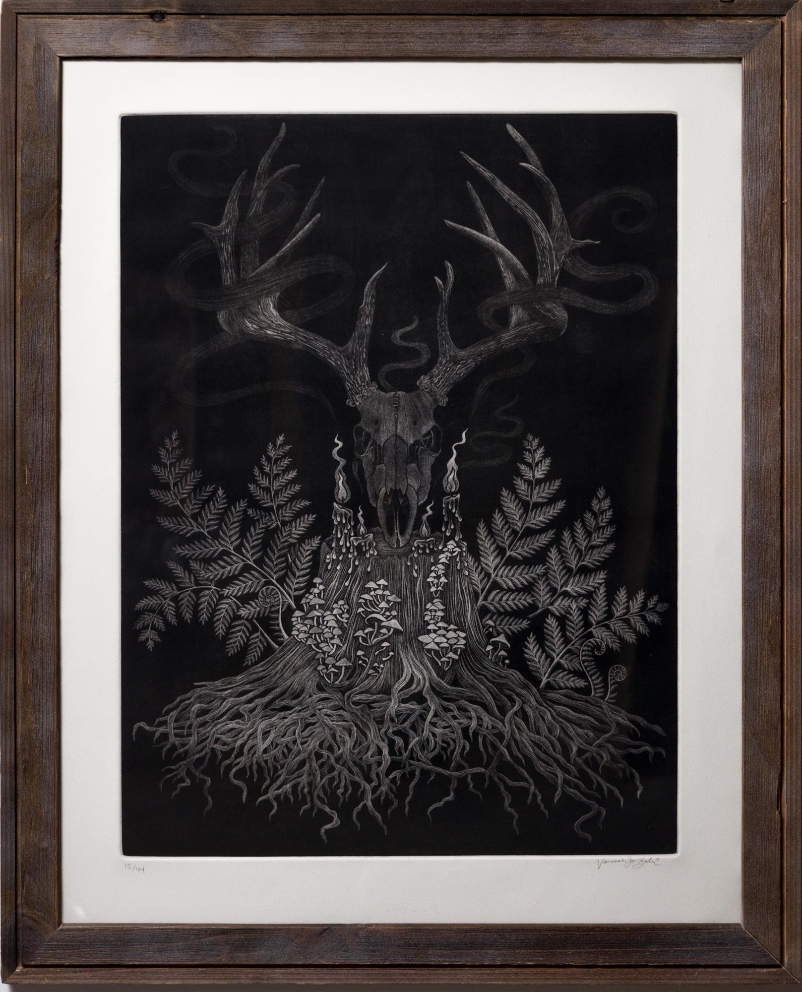 This piece titled "Never Say Die" is an original print by Samantha Mendoza and is made from mezzotint. This piece measures 31.25"h x 25.5"w framed, and is shipped in the pictured wooden frame.

Originally from Chicago, Illinois, Vanessa received her