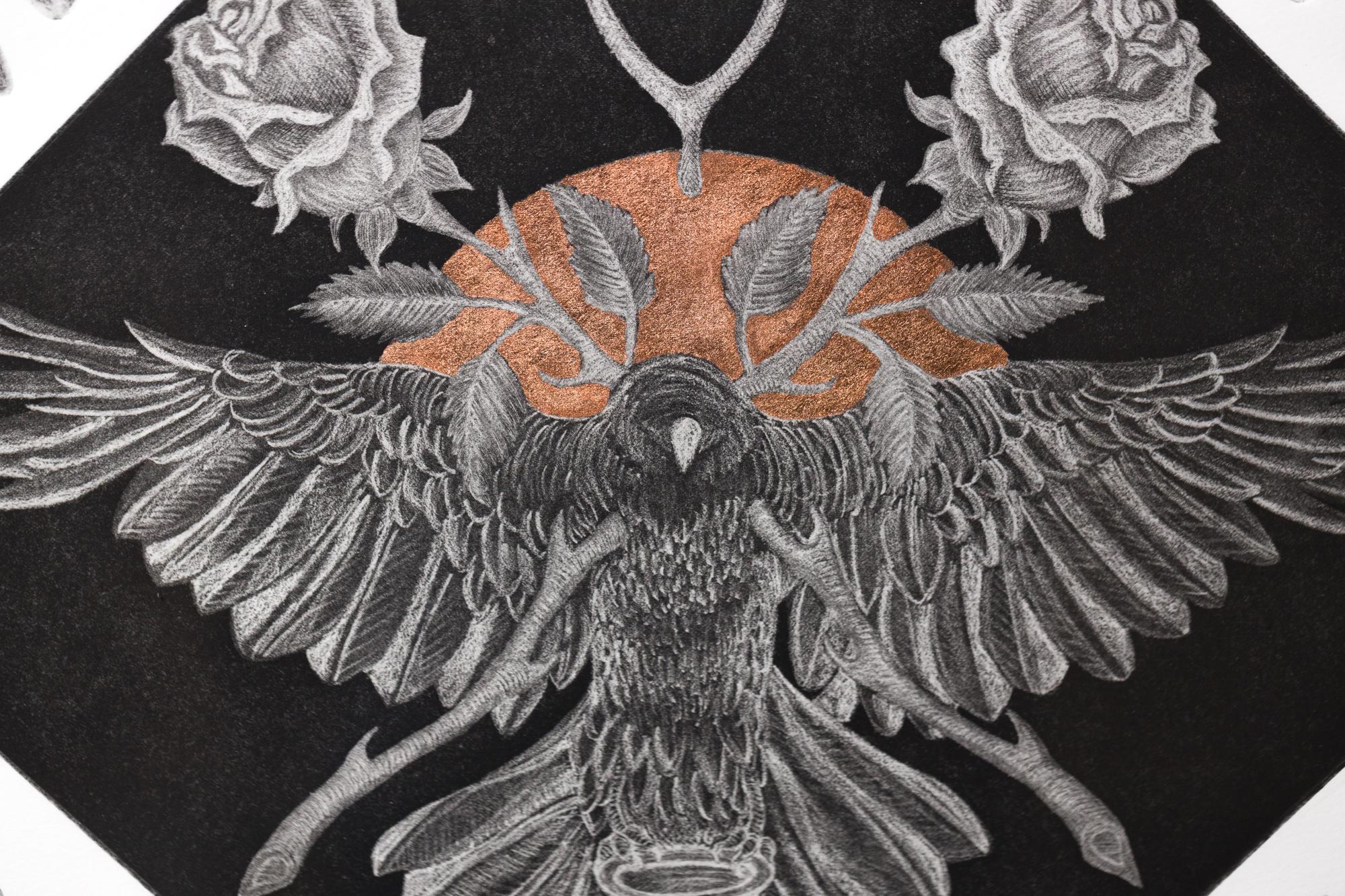 « Nevermore », iconographie d'oiseaux, motif floral, représentations esthétiques, gravure en vente 1