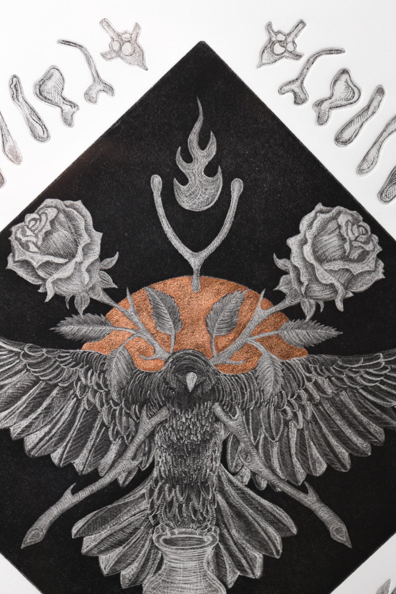 « Nevermore », iconographie d'oiseaux, motif floral, représentations esthétiques, gravure en vente 2