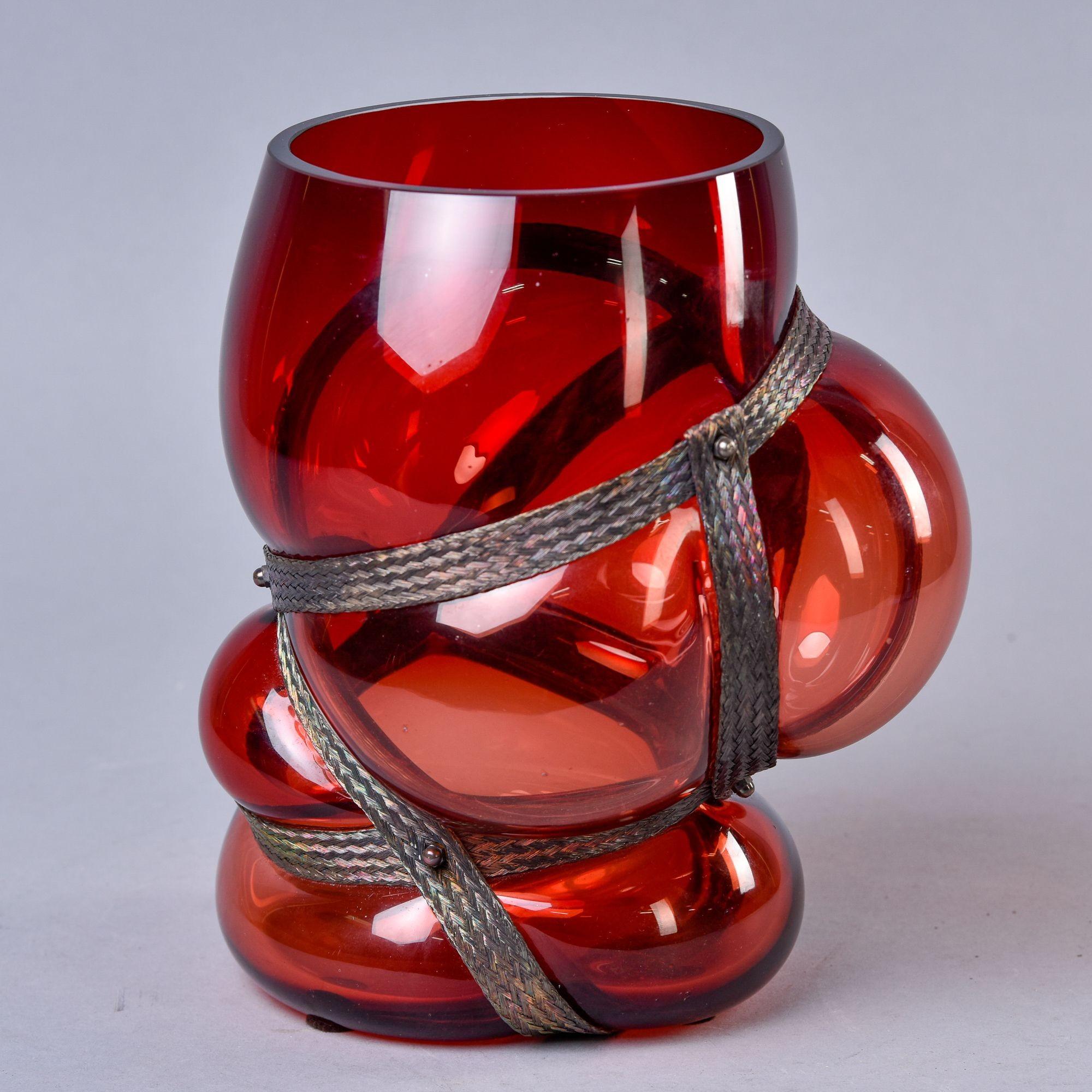 Modern Vanessa Mitrani Red Hand Blown Glass Vase with Braided Brass Surround For Sale