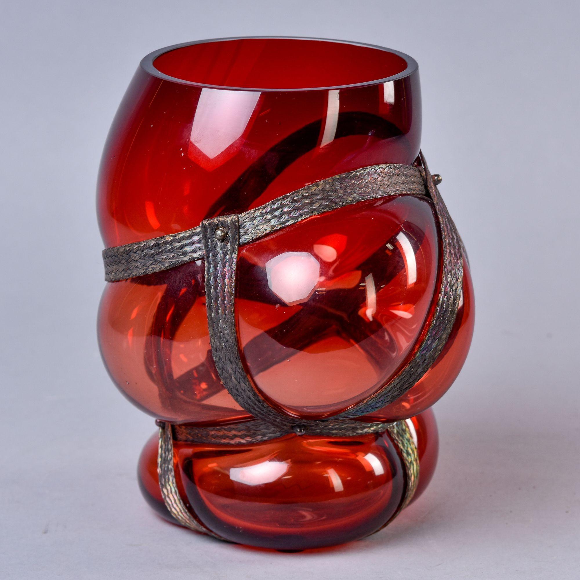 French Vanessa Mitrani Red Hand Blown Glass Vase with Braided Brass Surround For Sale