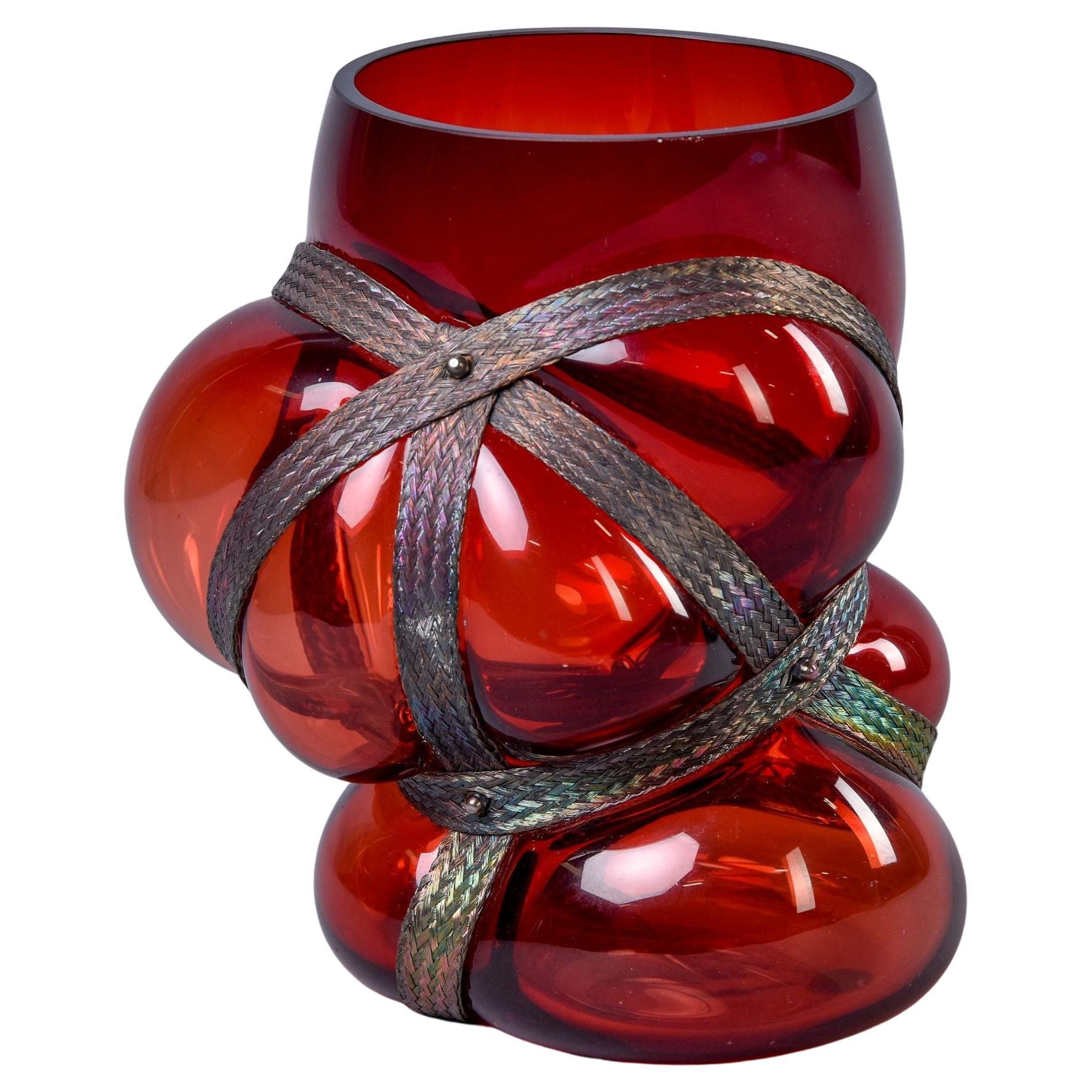 Vanessa Mitrani Red Hand Blown Glass Vase with Braided Brass Surround