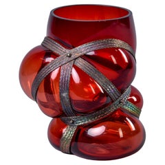 Vanessa Mitrani Red Hand Blown Glass Vase with Braided Brass Surround