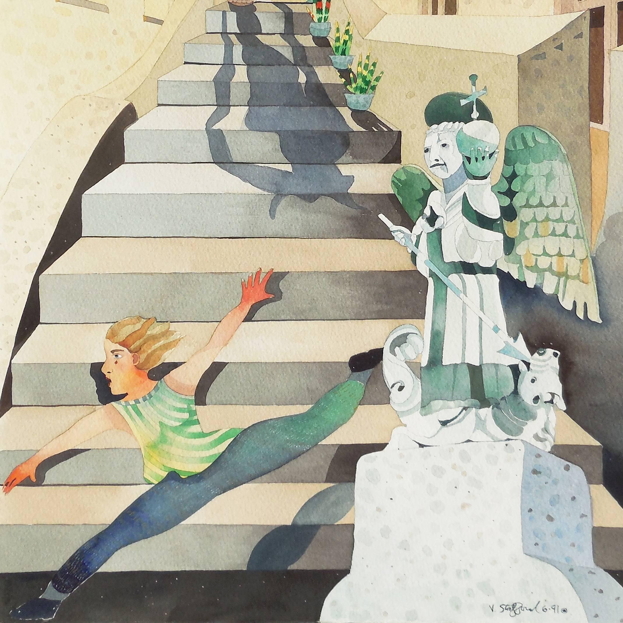 'Minotaur Descending', California woman artist - Beige Figurative Painting by Vanessa Stafford
