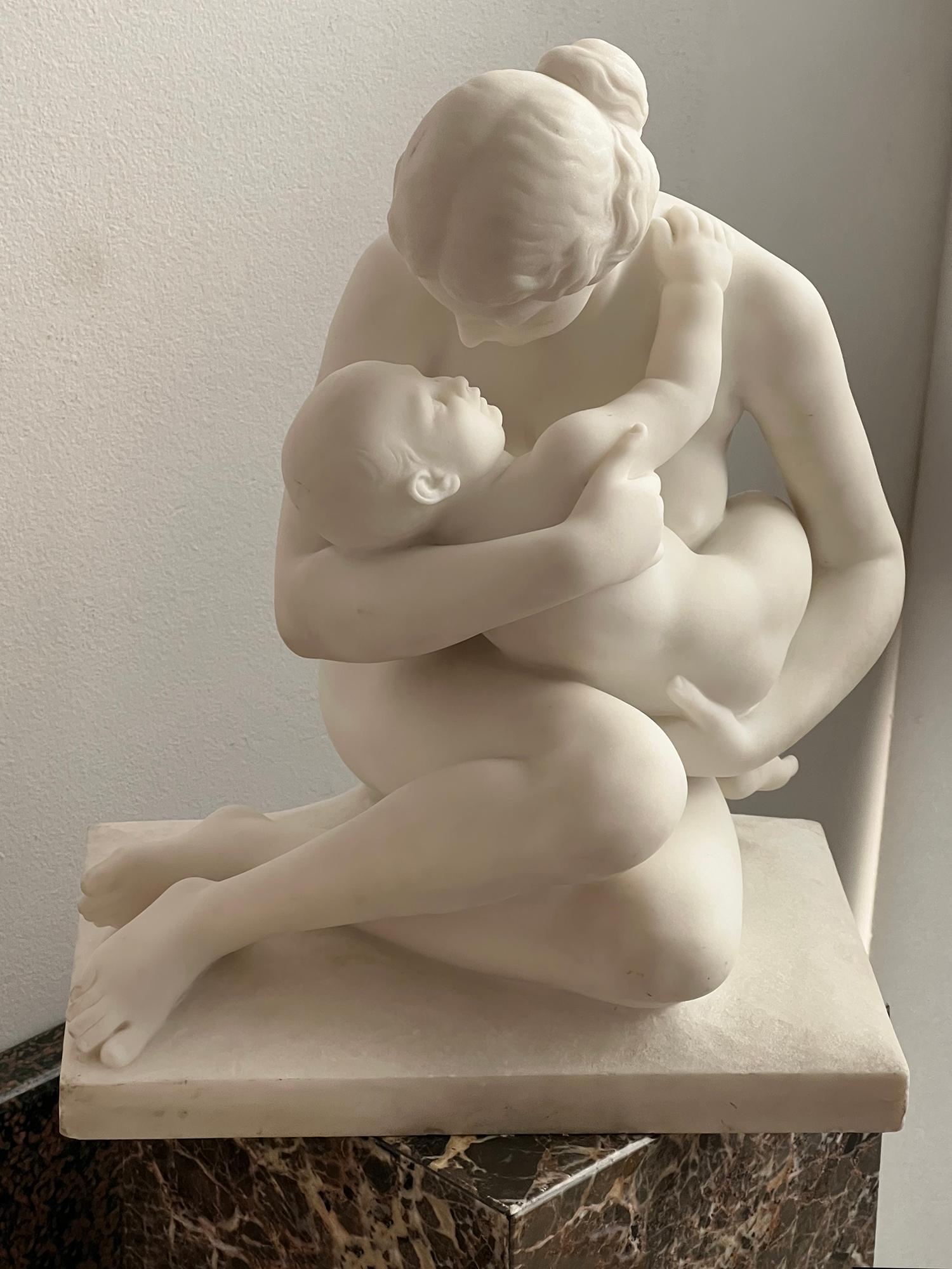 French Carrara Marble Sculpture,  19th Century Nude Neoclassical Mother & Child 6