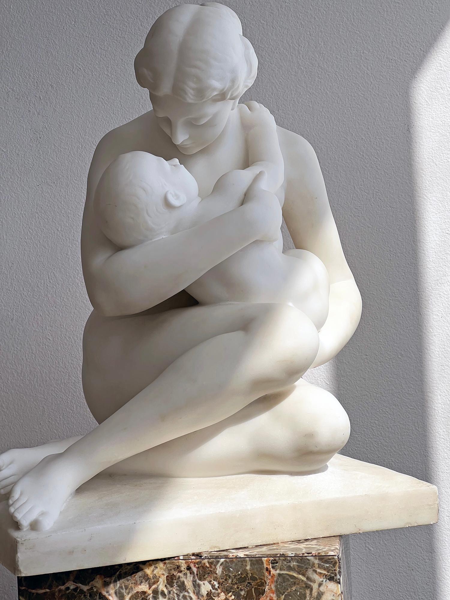 French Carrara Marble Sculpture,  19th Century Nude Neoclassical Mother & Child 7
