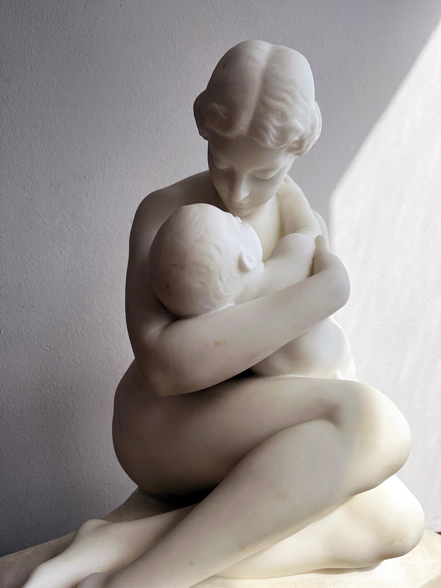 French Carrara Marble Sculpture,  19th Century Nude Neoclassical Mother & Child 13