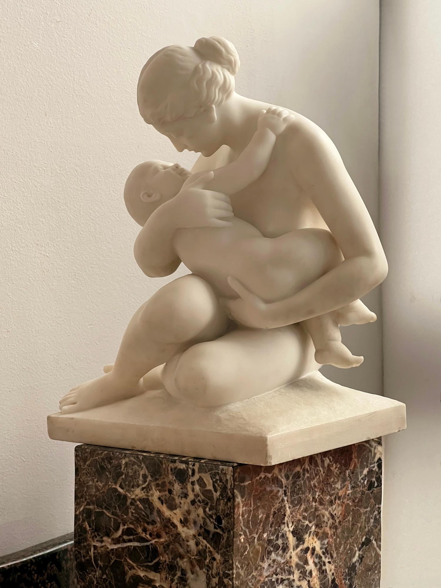 French Carrara Marble Sculpture,  19th Century Nude Neoclassical Mother & Child 1